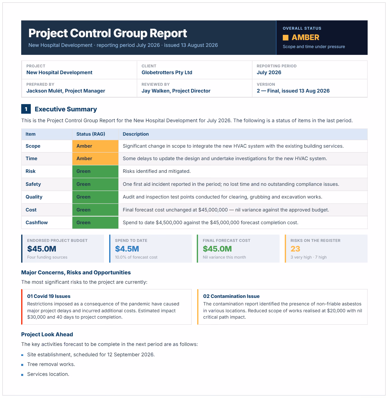 Construction PCG report example showing RAG status table, project budget, spend to date and look ahead.