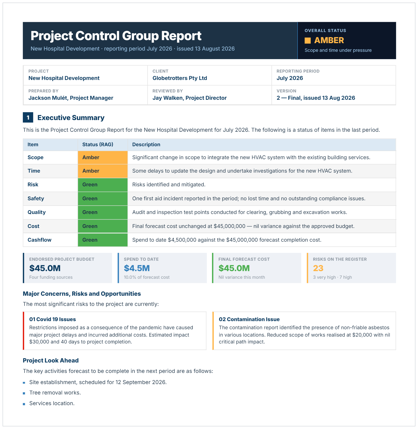 Construction PCG report example showing RAG status table, project budget, spend to date and look ahead.
