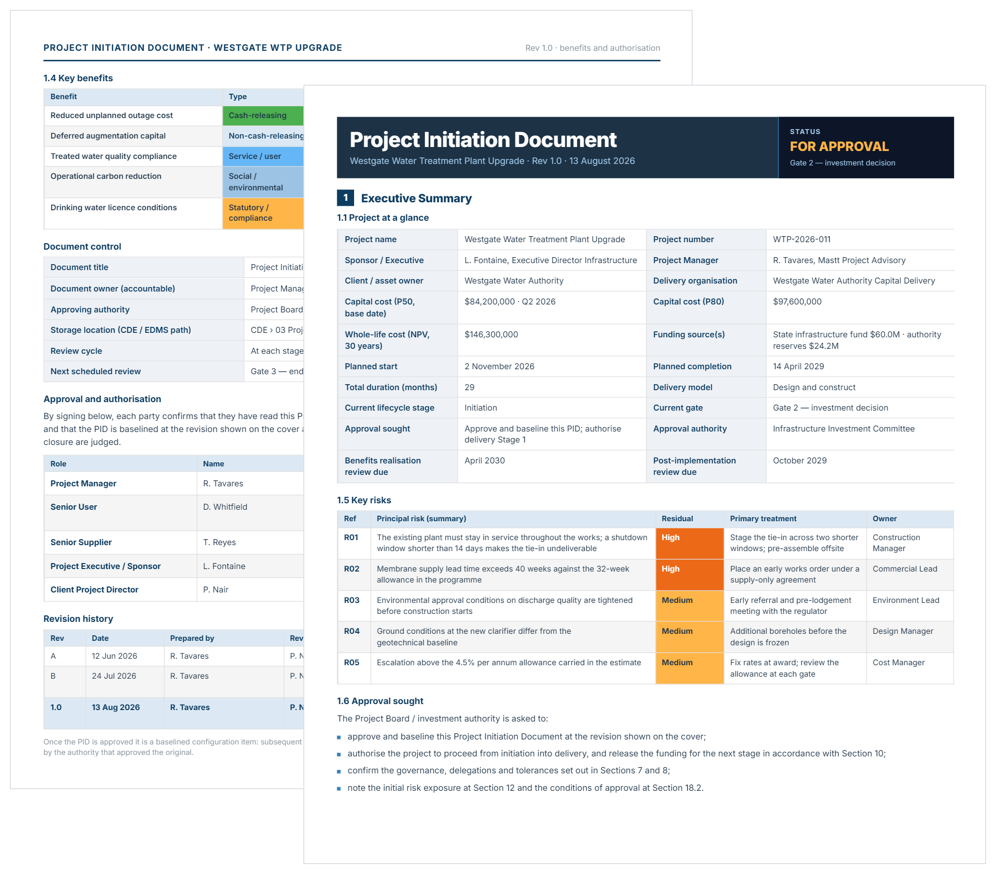 Project initiation document template showing project at a glance, key risks, benefits and approval signatures.