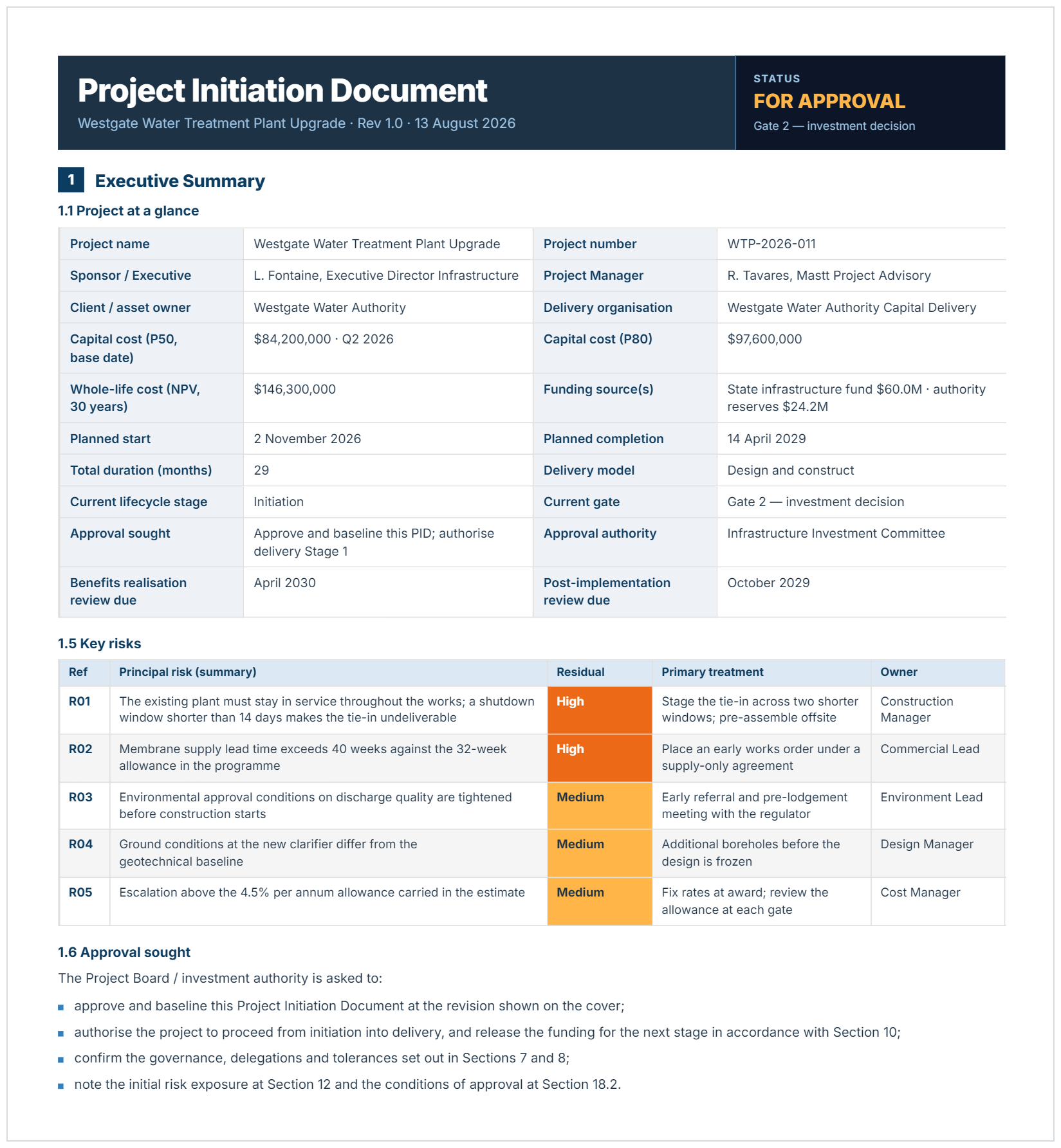 Project initiation document example showing capital cost, funding, duration, key risks and approval sought.
