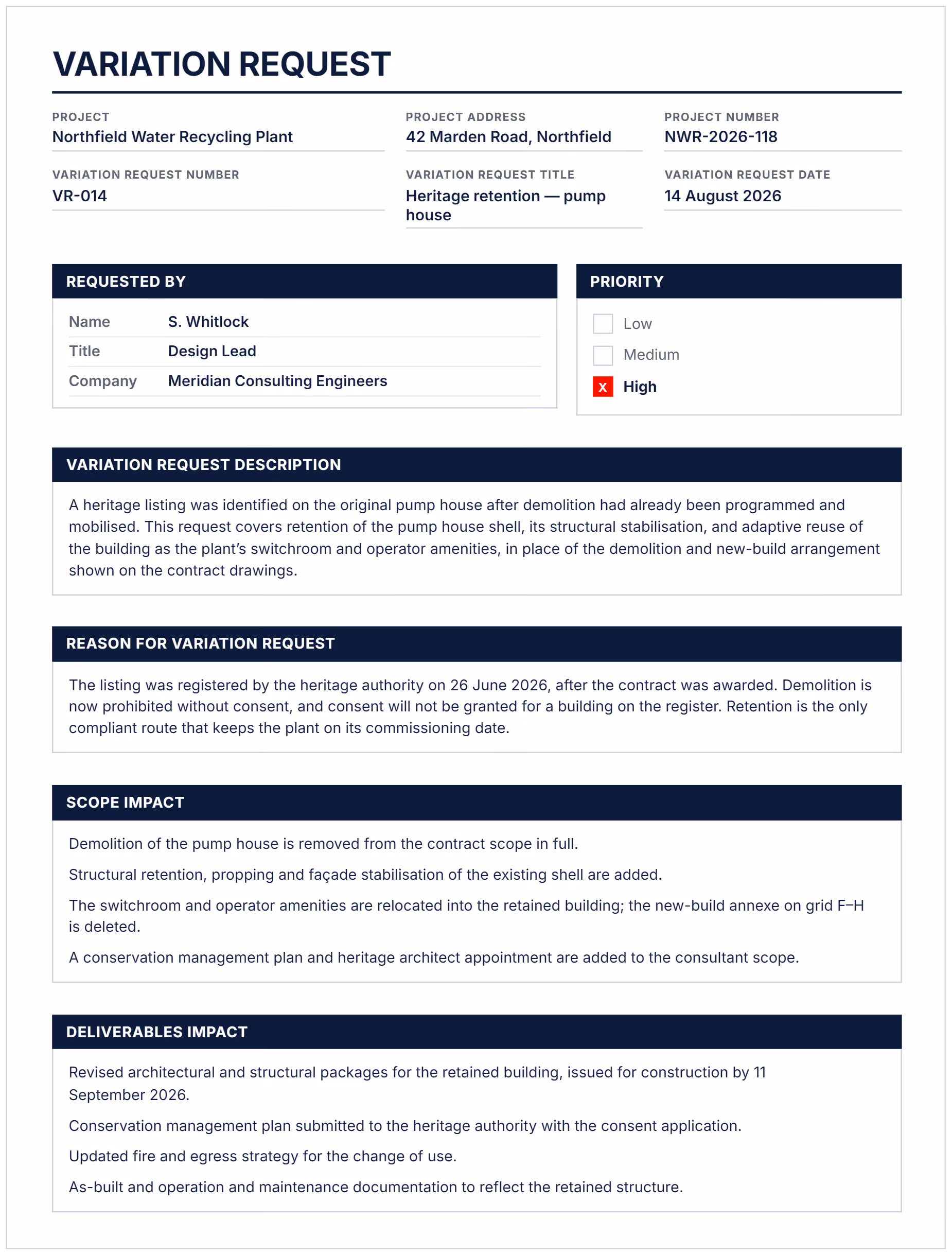 Variation request example template with project details, requester, priority, description, reason and scope impact.