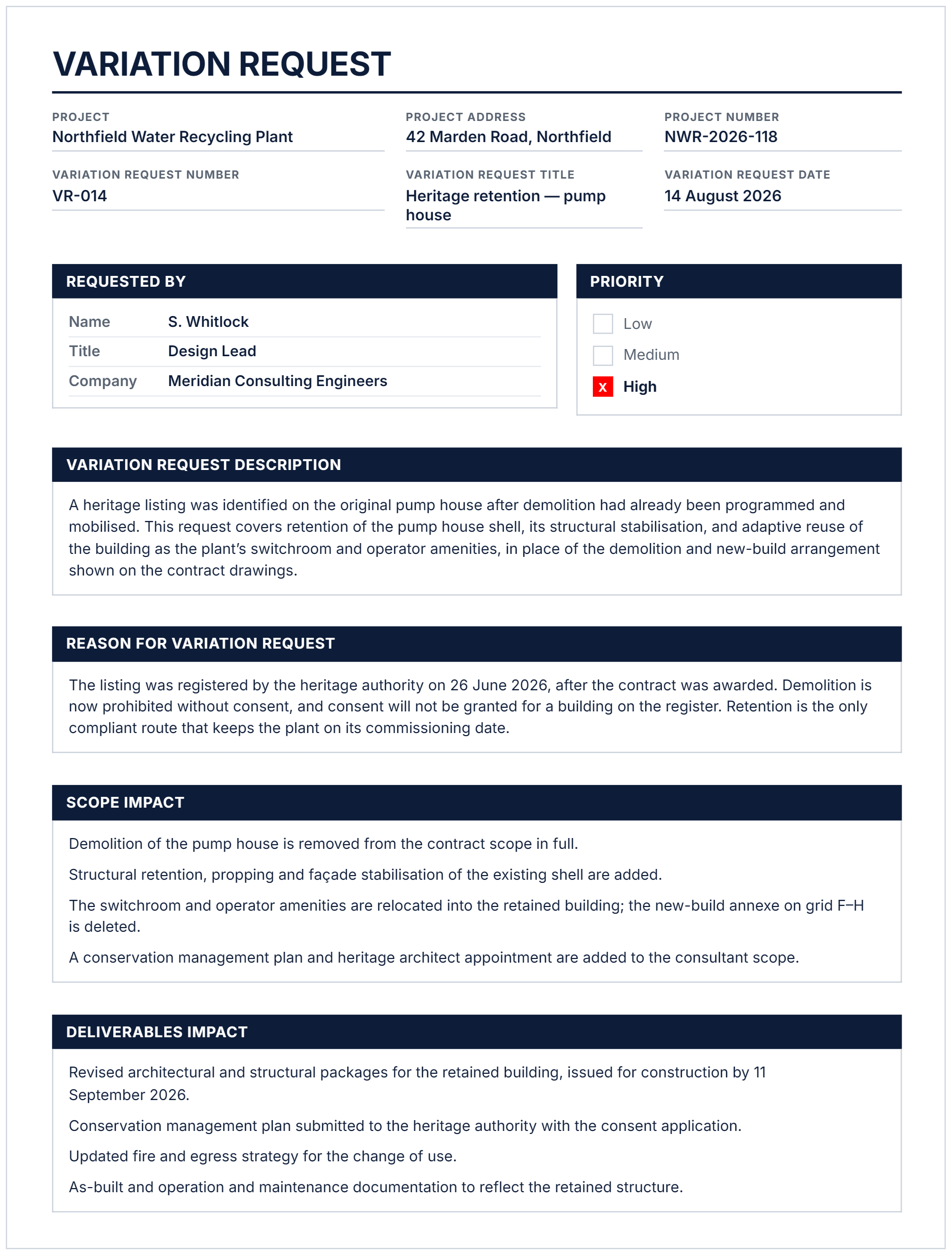 Variation request example template with project details, requester, priority, description, reason and scope impact.