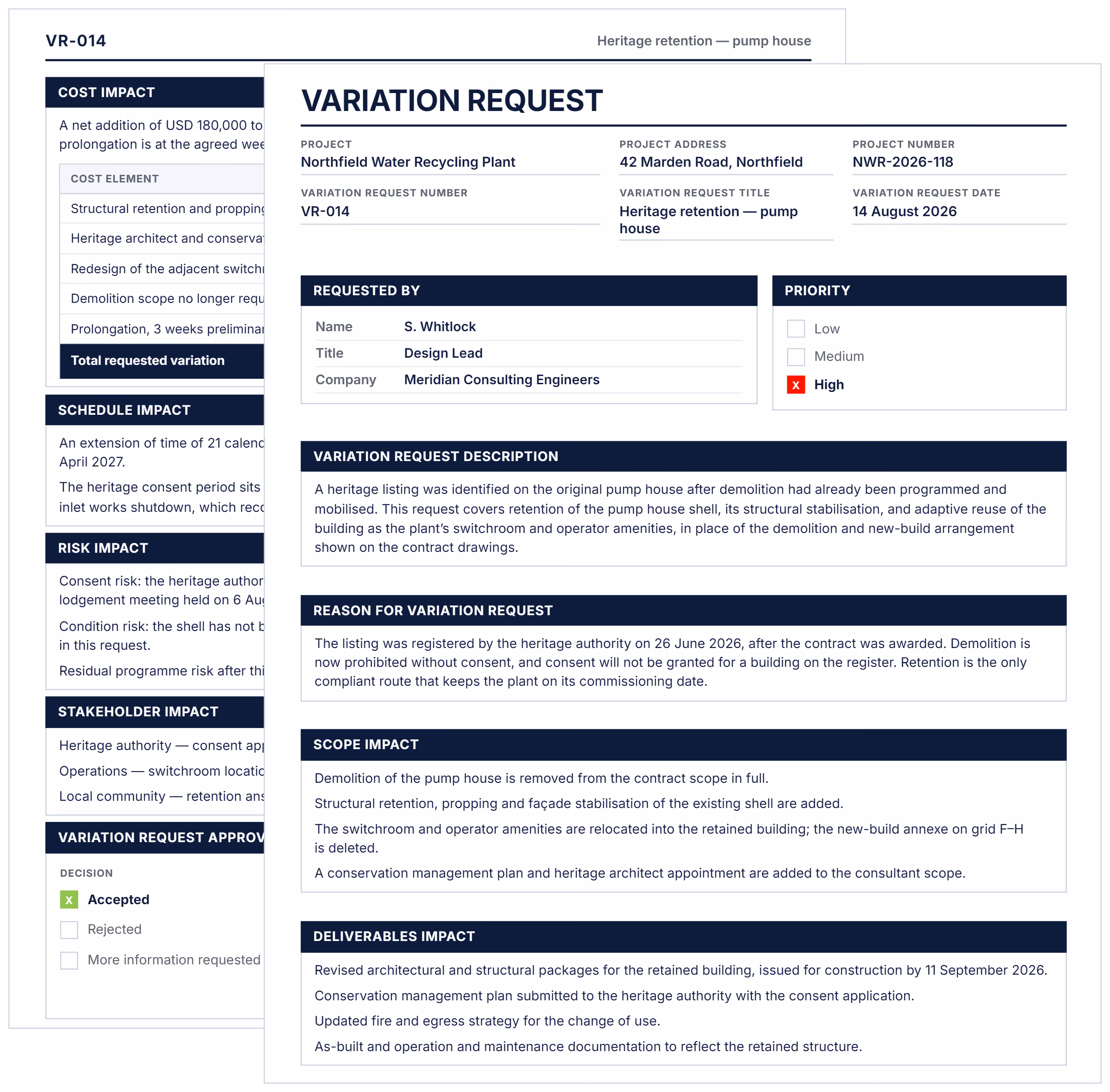 Variation request template showing project details, priority, impact sections and approval signatures.