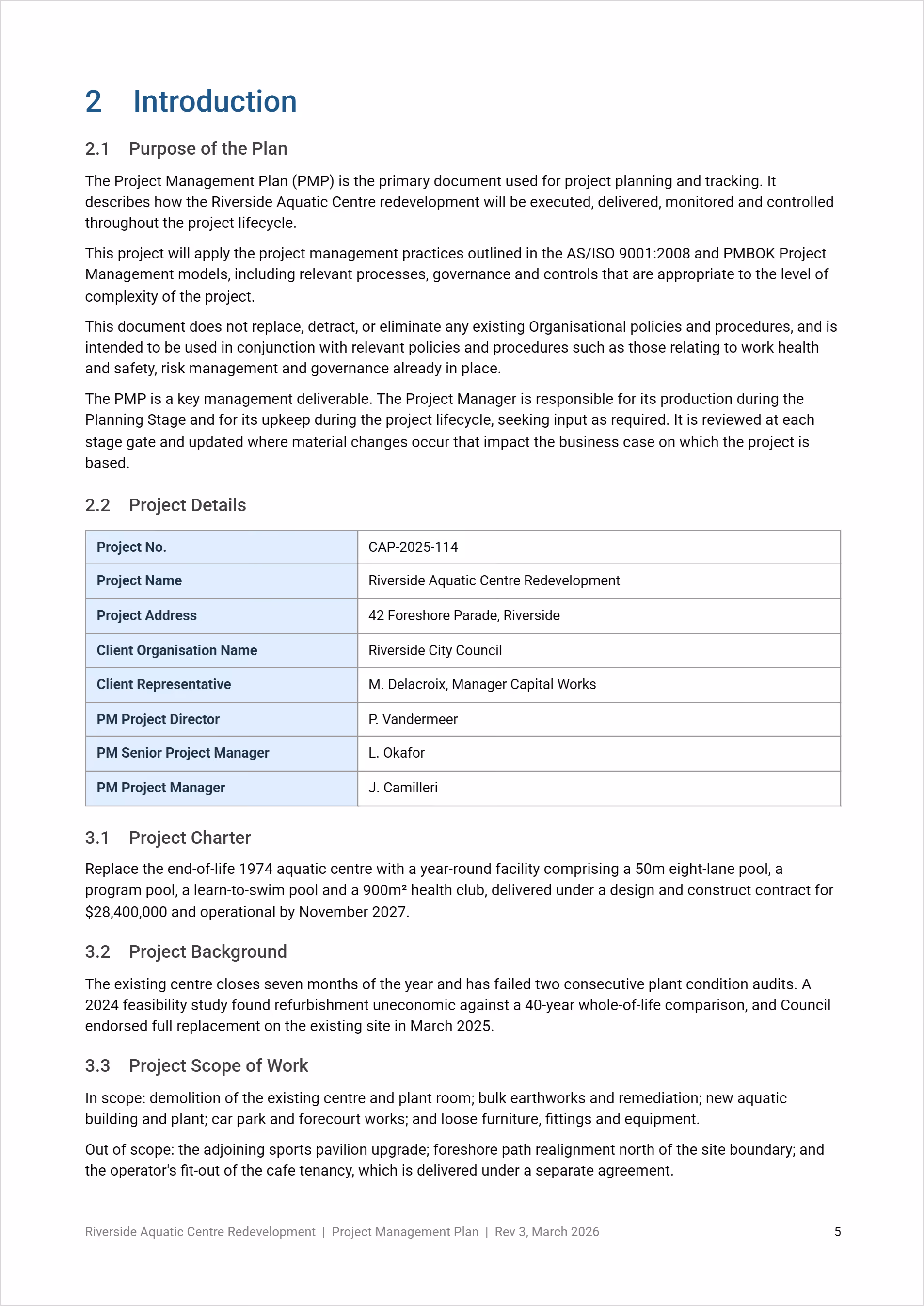 Project management plan template showing purpose of the plan, project details table, charter, background and scope.