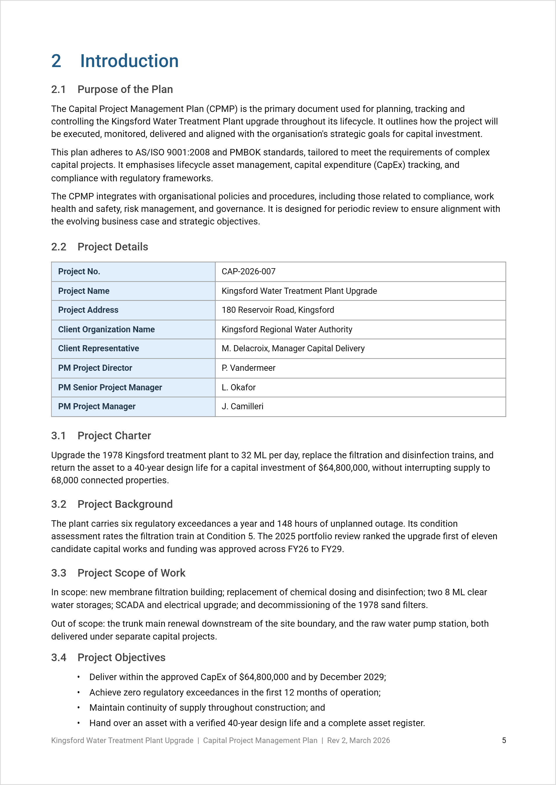 Capital project management plan example showing purpose of the plan, project details table, charter, background and scope.