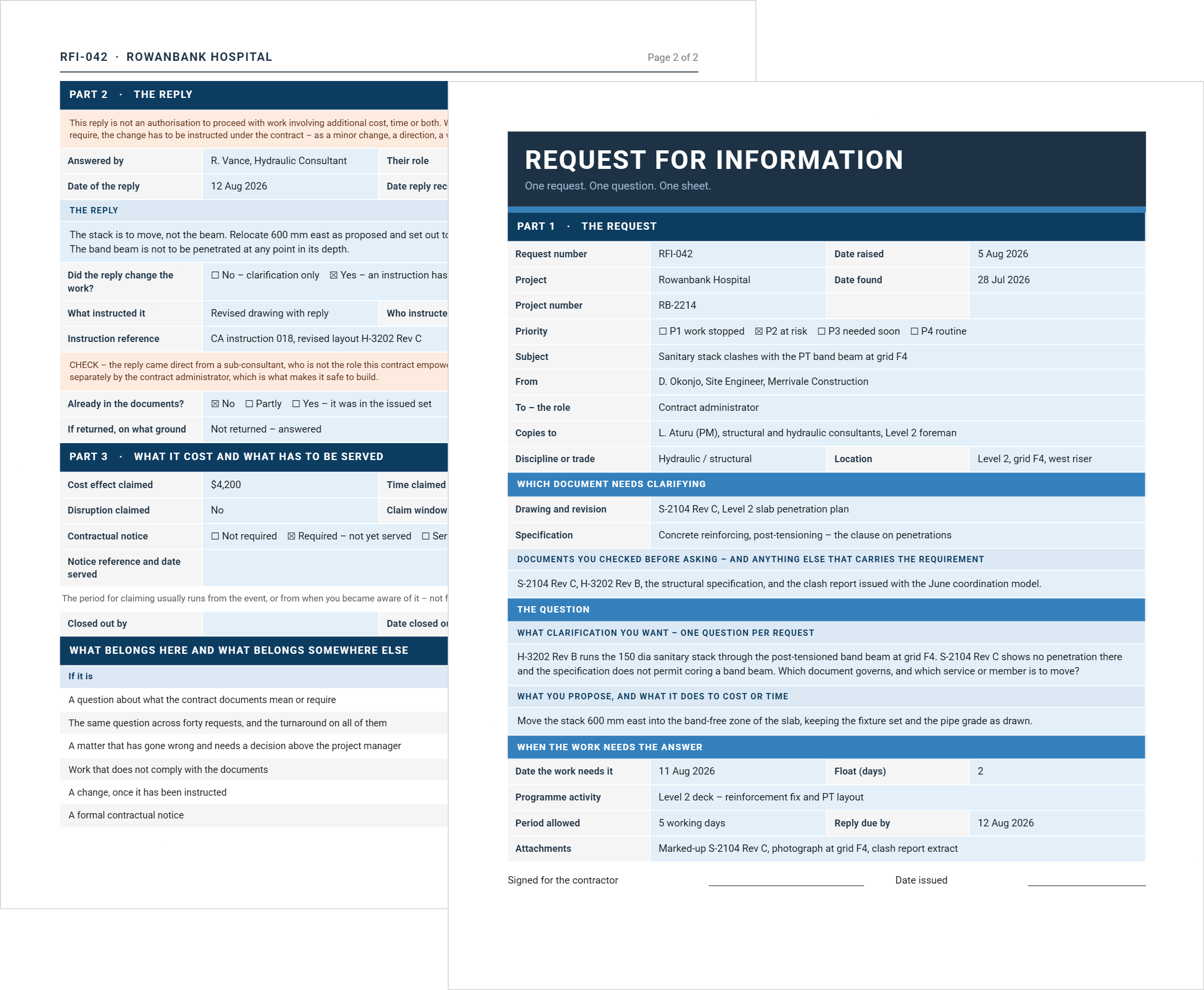 RFI template in Word with request form, reply section, cost and notice fields, and a worked example.