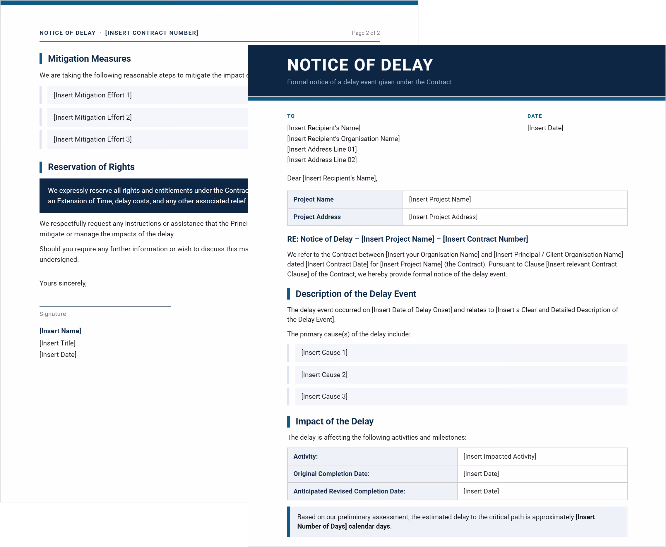 Construction notice of delay template letter with delay event description, impact table and mitigation measures.