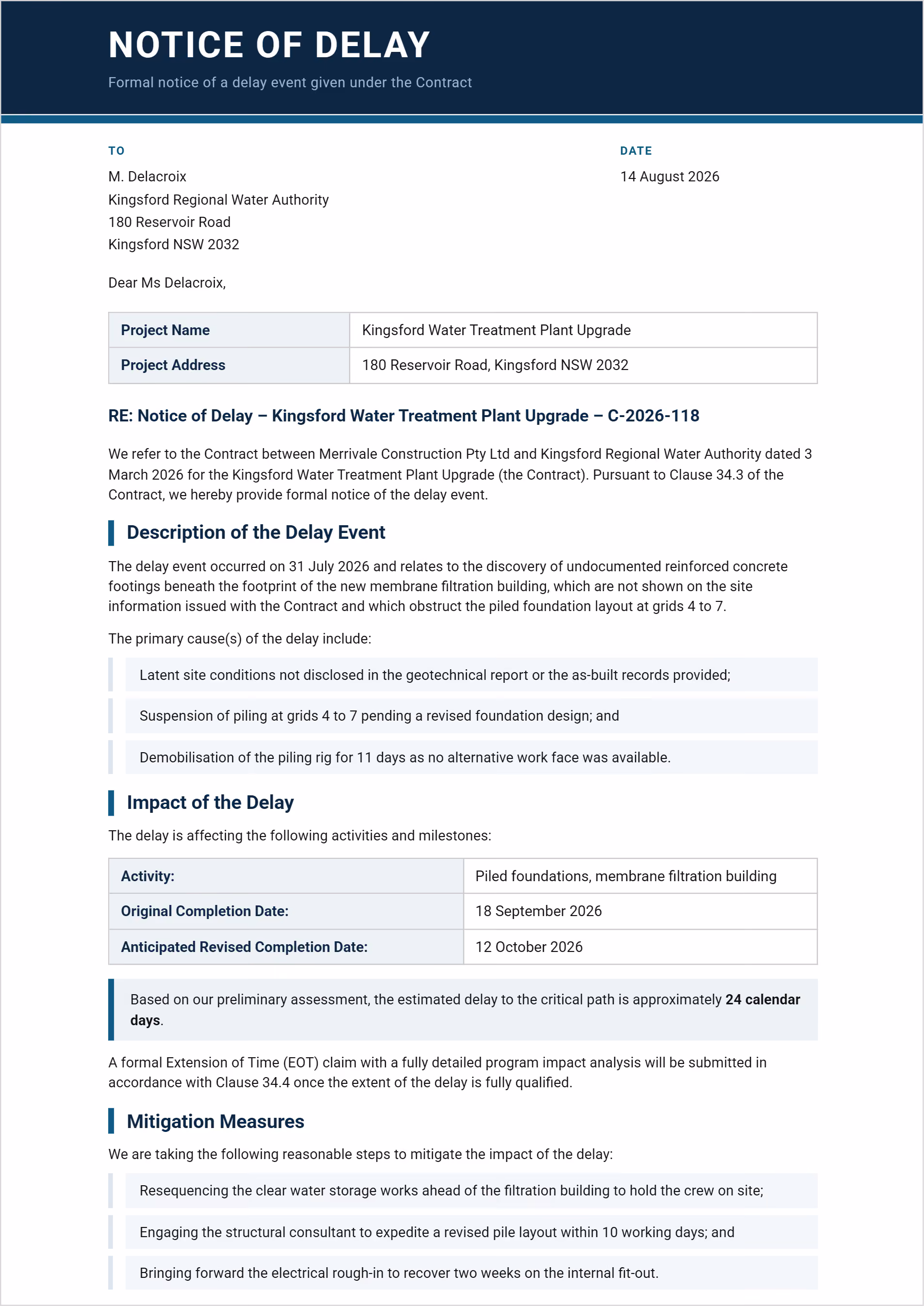 Notice of delay letter example with contract clause, delay causes, revised completion date and mitigation steps.