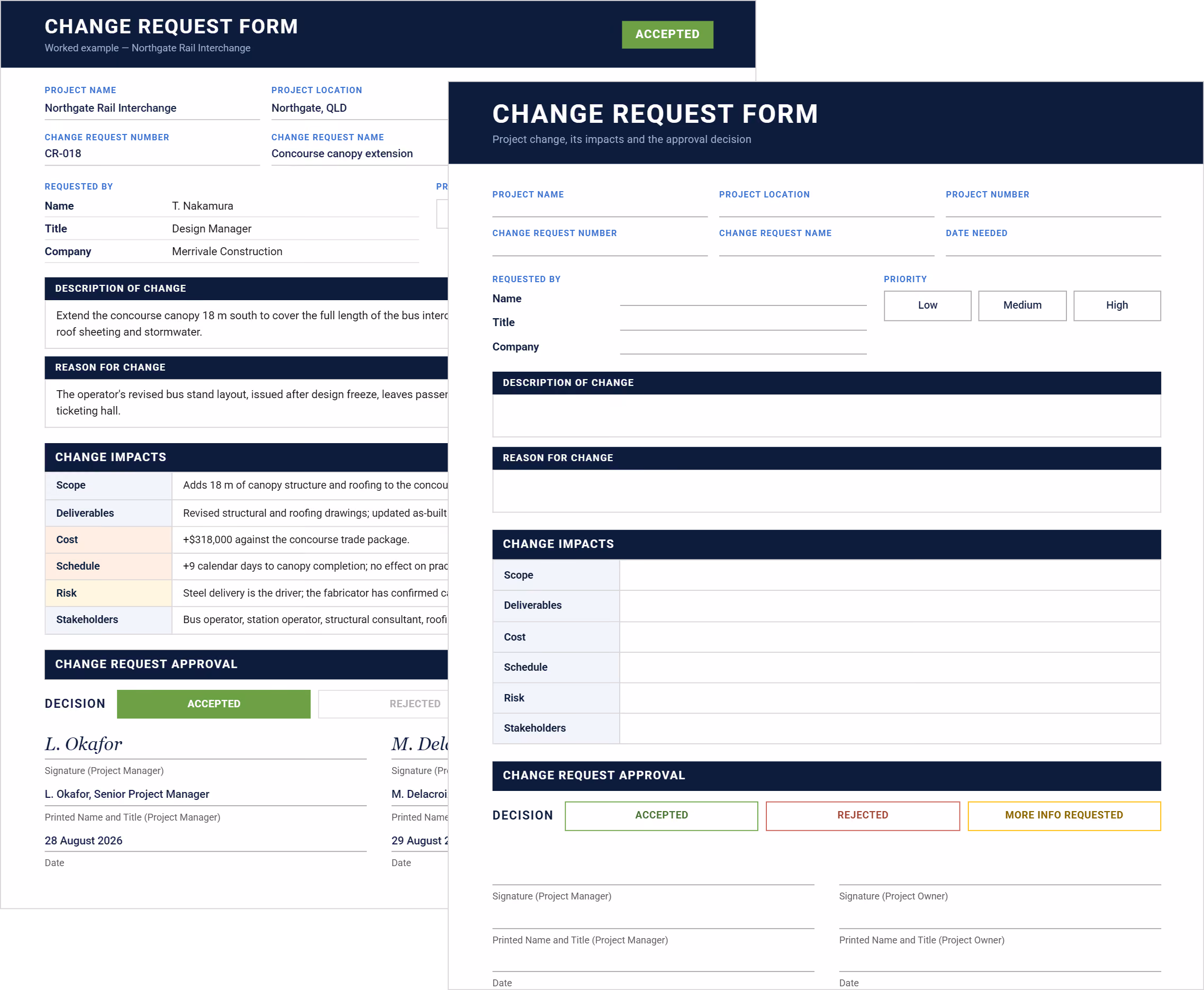 Change request form template with project fields, priority options, change impacts and approval decision boxes.
