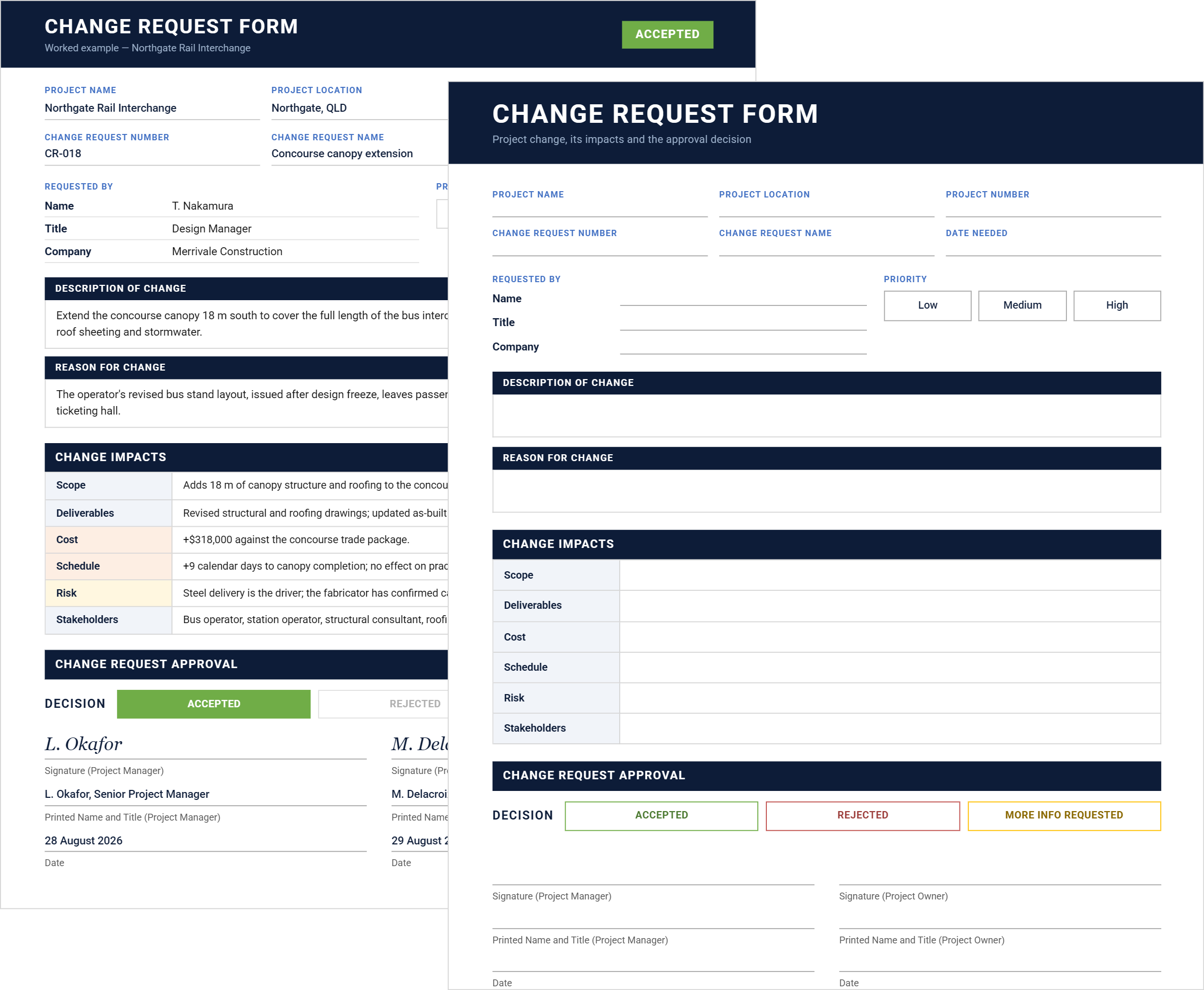 Change request form template with project fields, priority options, change impacts and approval decision boxes.