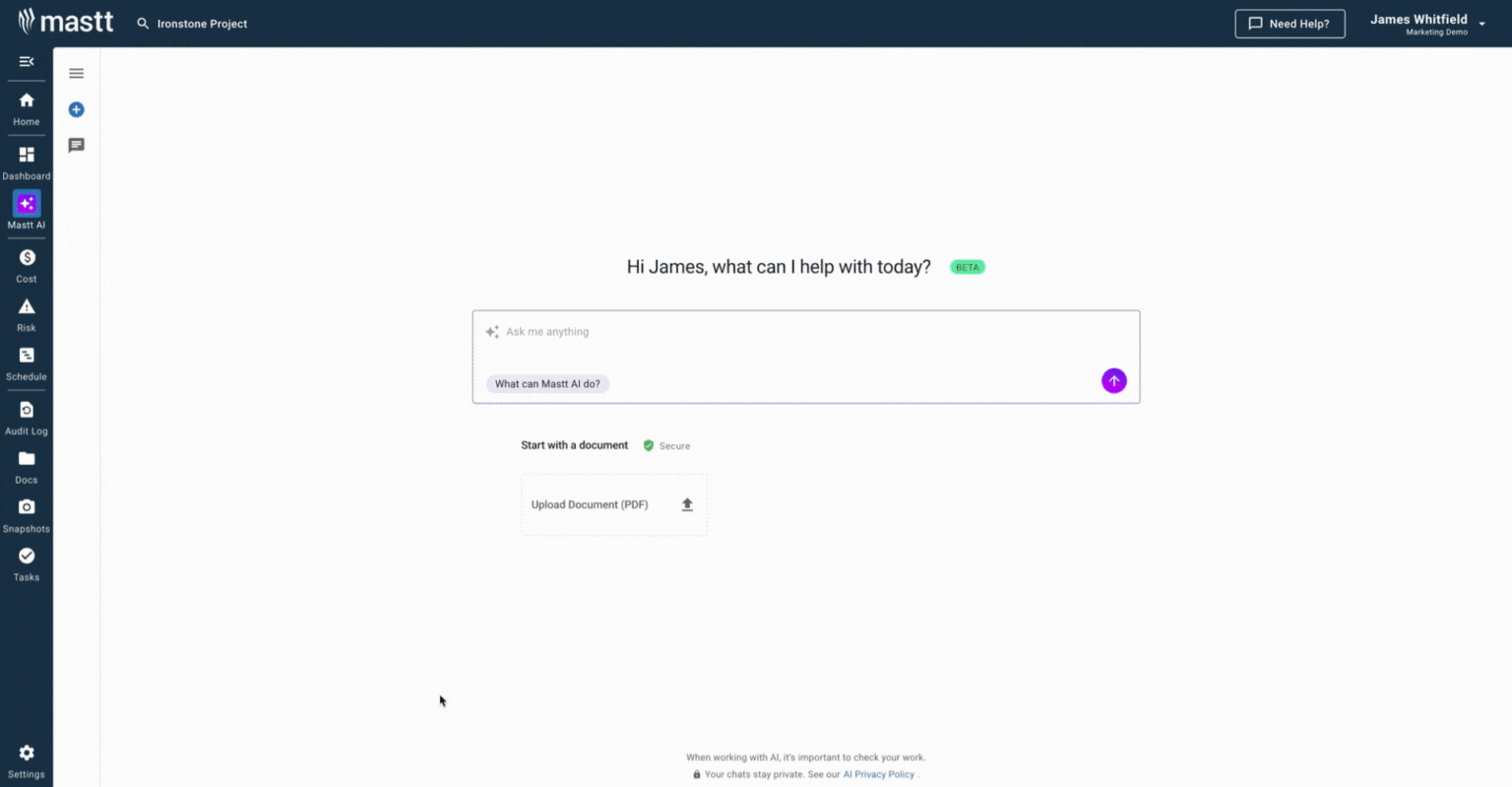 GIF showing Mastt AI creating a toolbox talk template document from a user prompt.