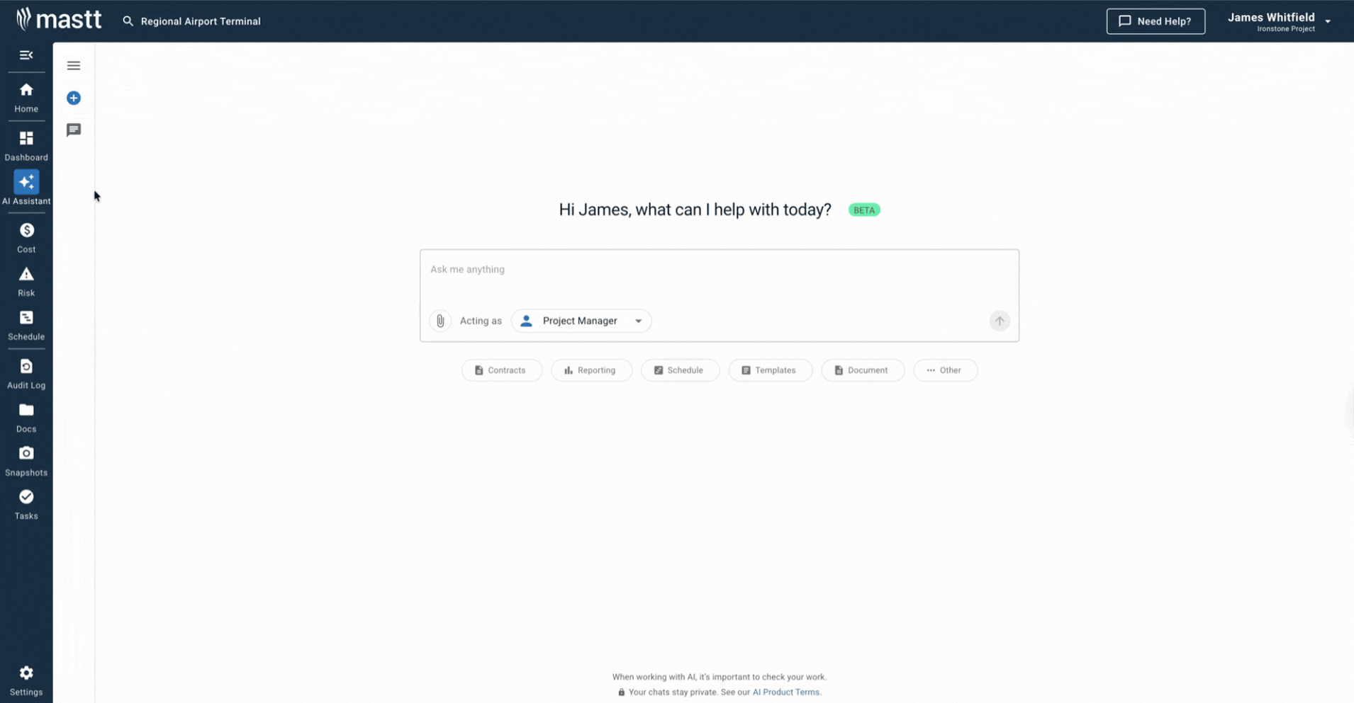 GIF showing Mastt AI chat interface generating tender document template from a user prompt.