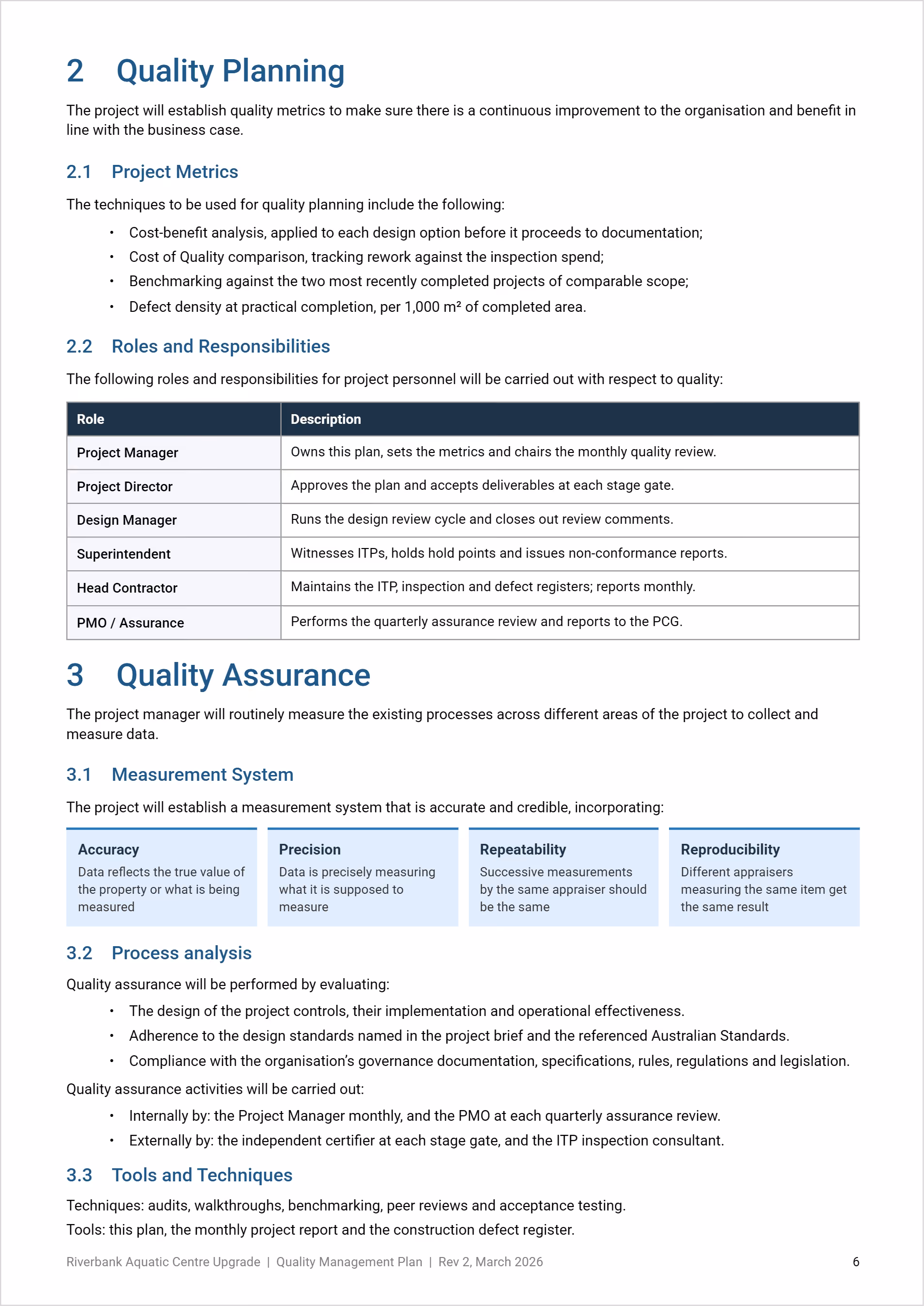Quality management plan example with roles and responsibilities table, measurement system components and quality assurance activities.