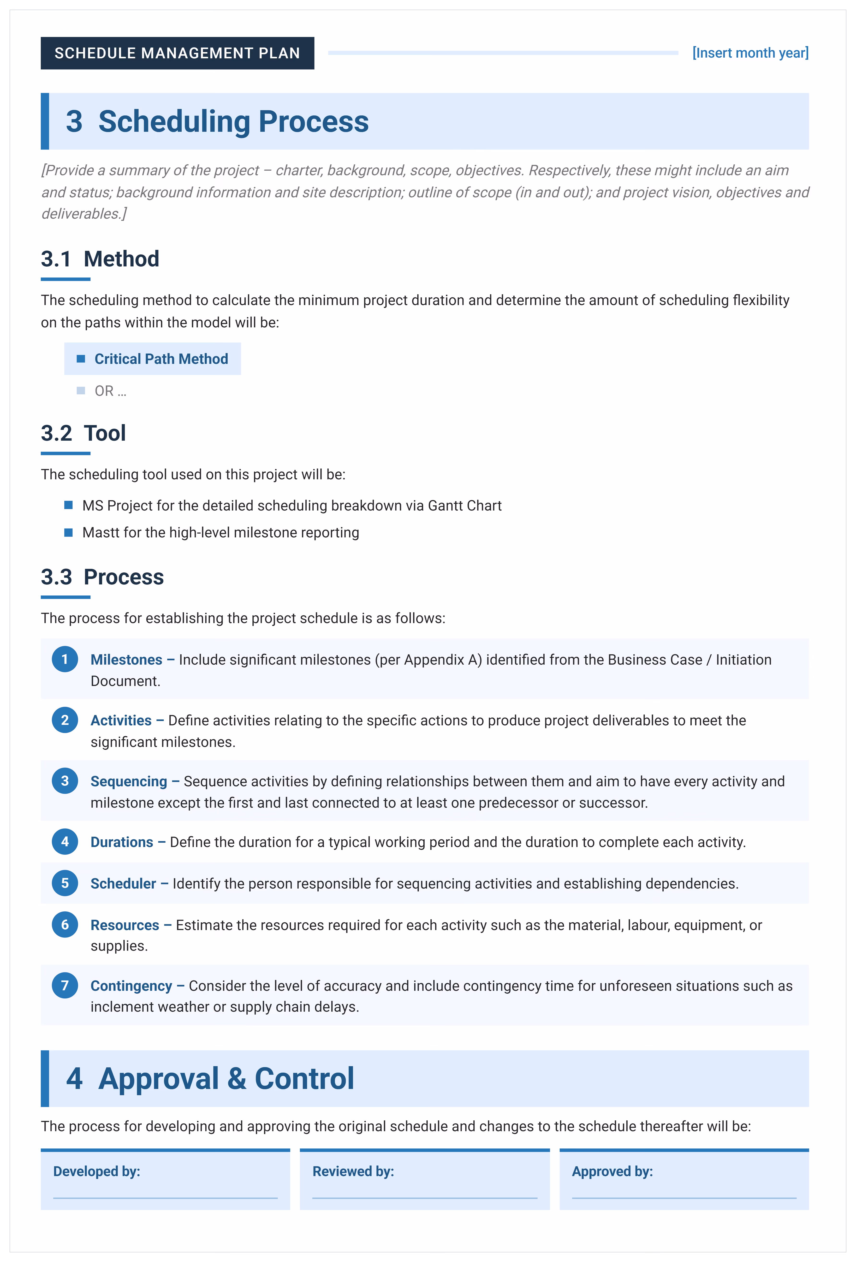 Schedule management plan example page detailing scheduling method, tool, seven-step process and approval and control sign-off.