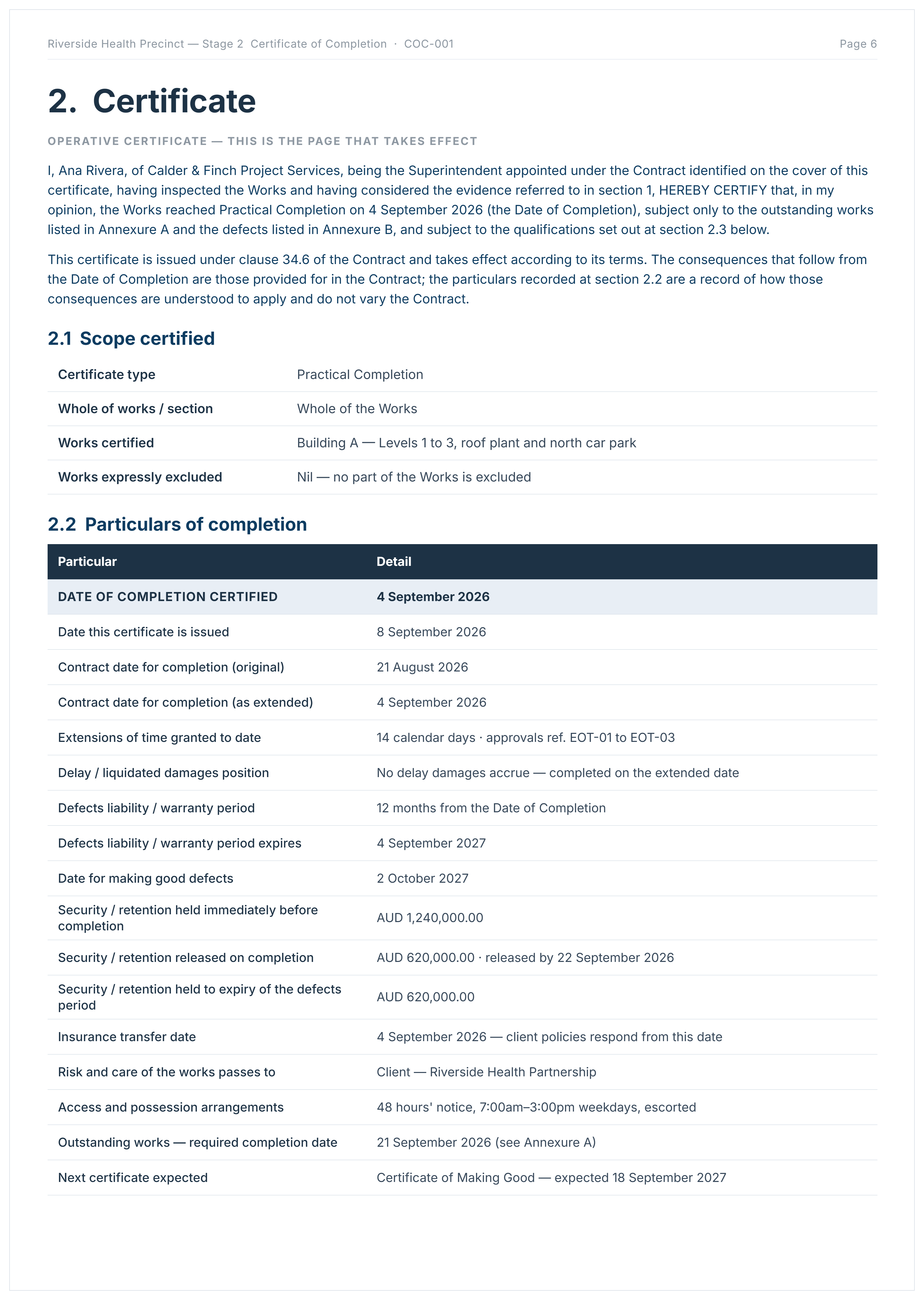 Certificate of Completion example for a construction project showing certified date, defects liability period and retention release.