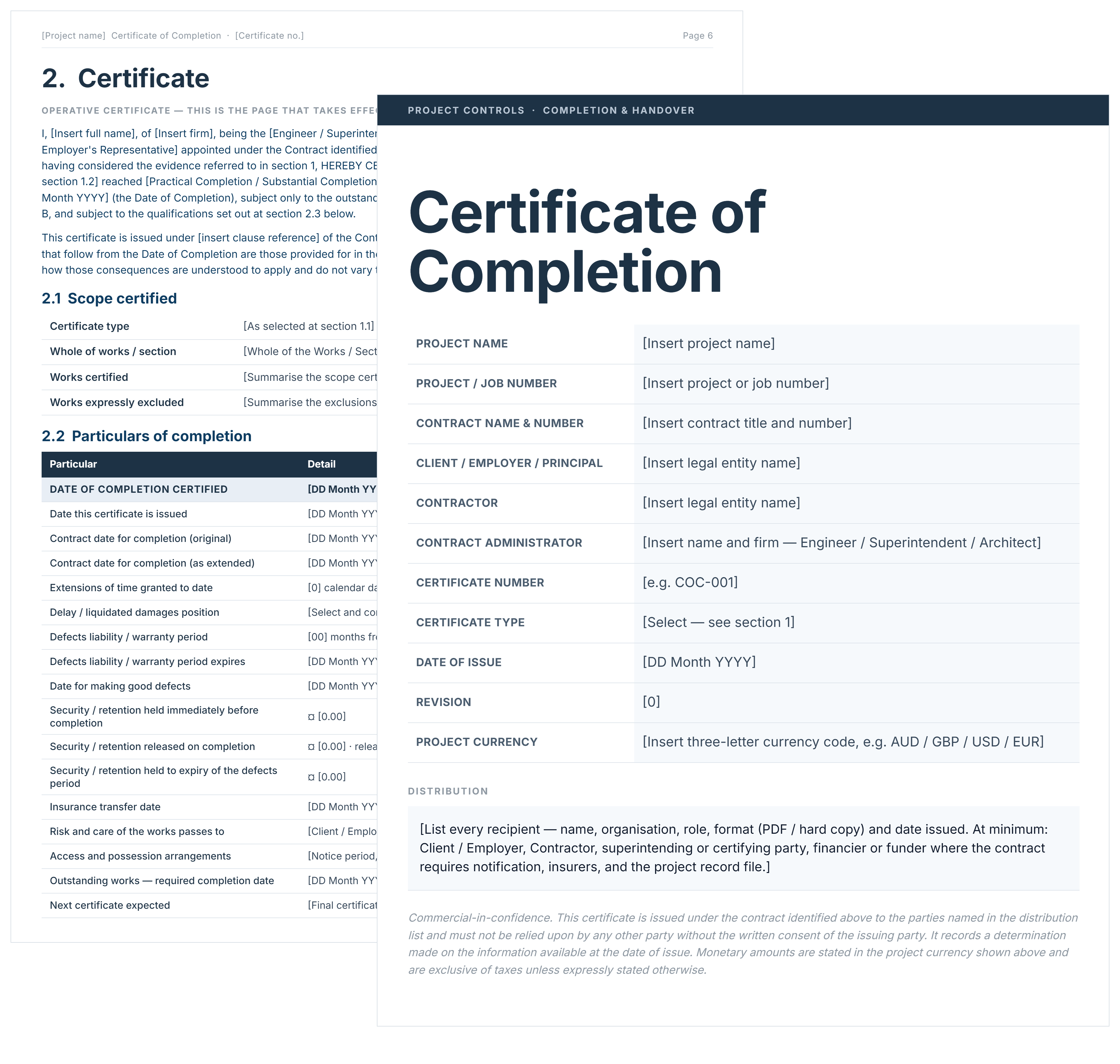 Certificate of Completion construction template cover page with project and contract fields over the operative certificate page.