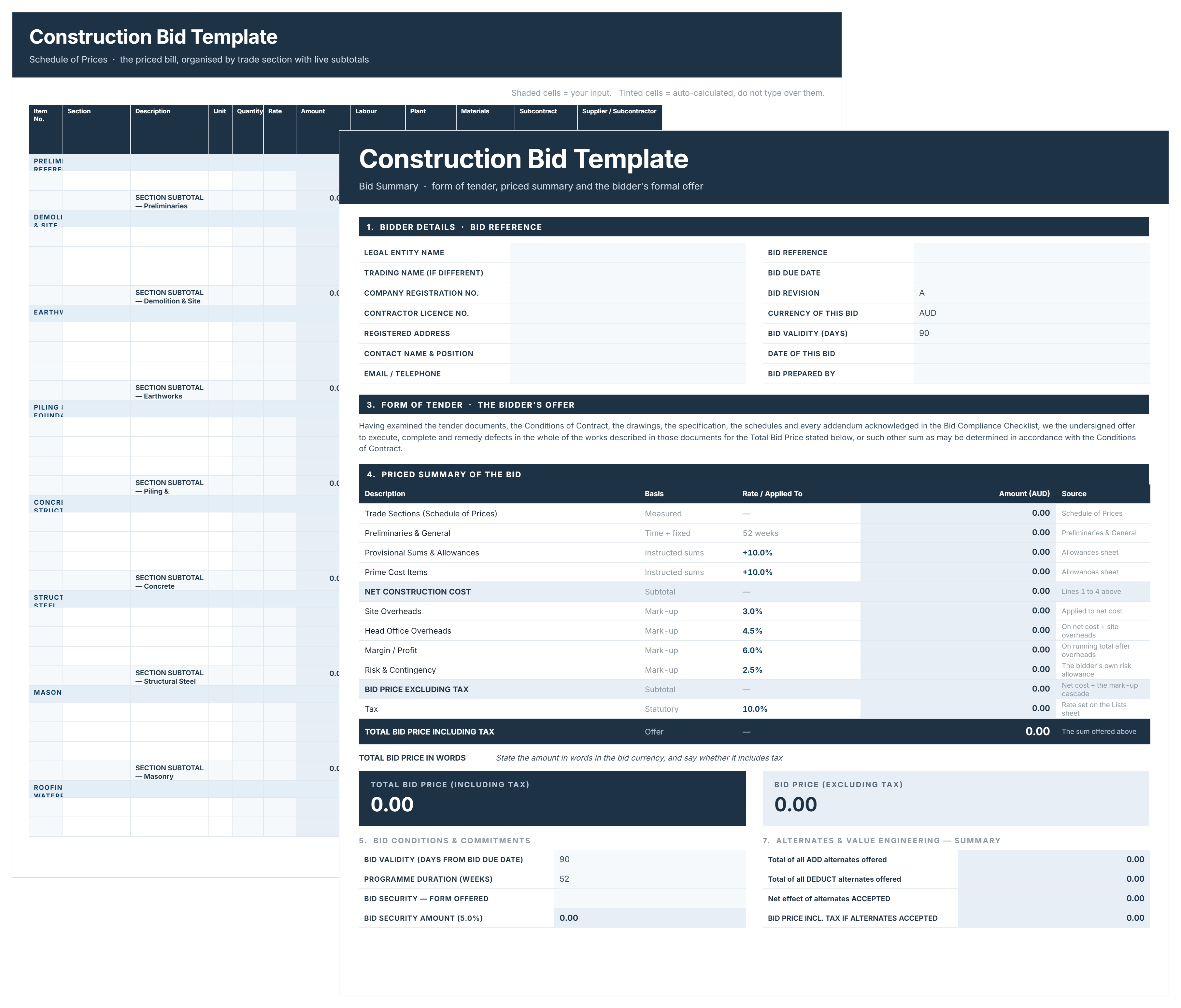 Construction bid template showing blank bid summary and priced schedule of prices ready to fill in.