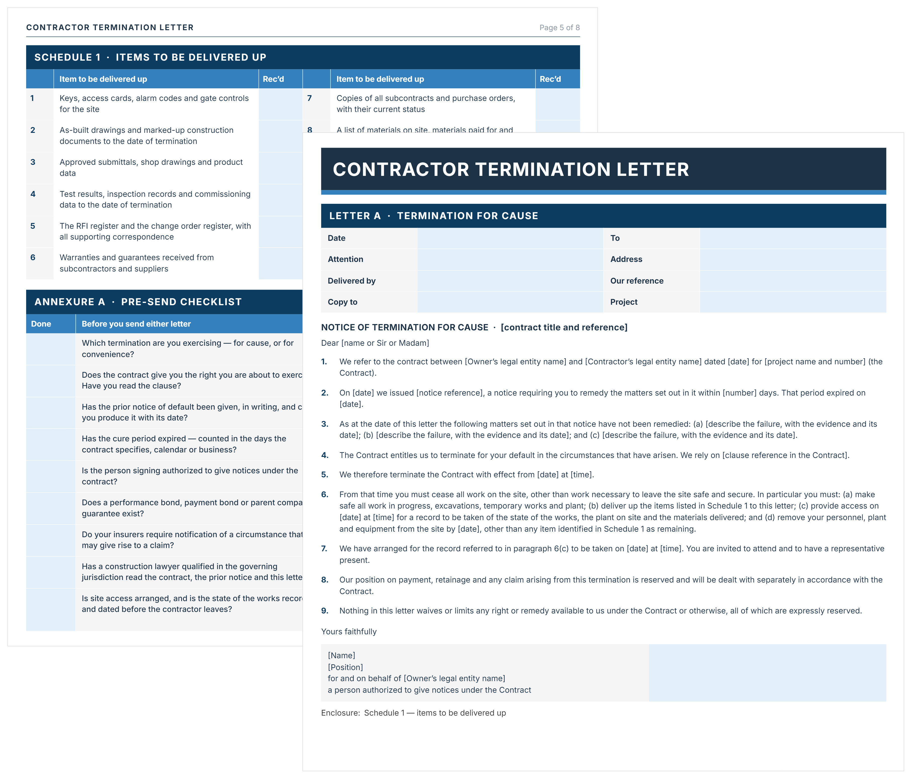 Contractor termination letter template showing a termination for cause notice over a delivery-up schedule and pre-send checklist.