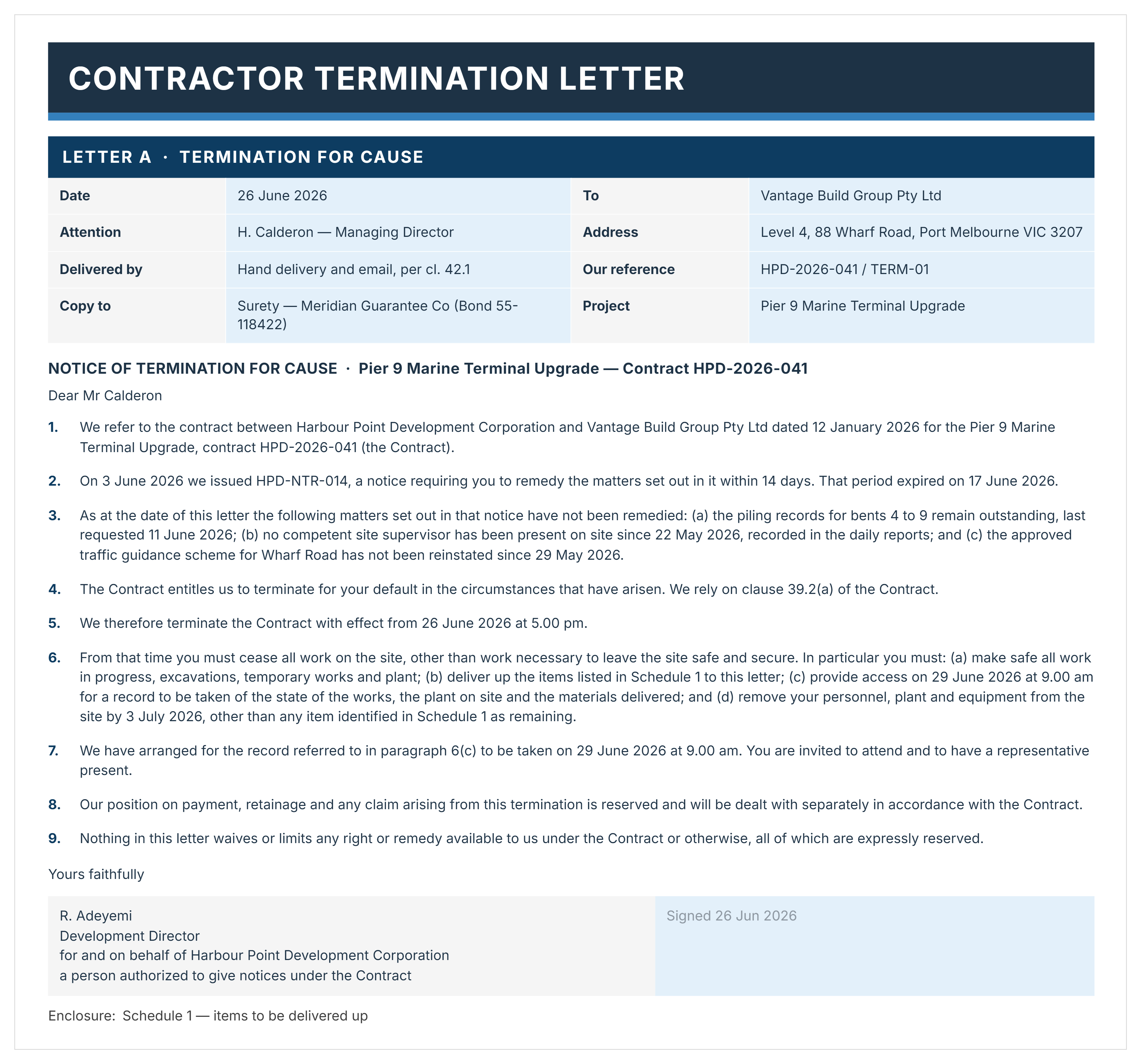 Contractor termination letter example completed for cause, citing the prior notice, cure period expiry and contract clause relied on.