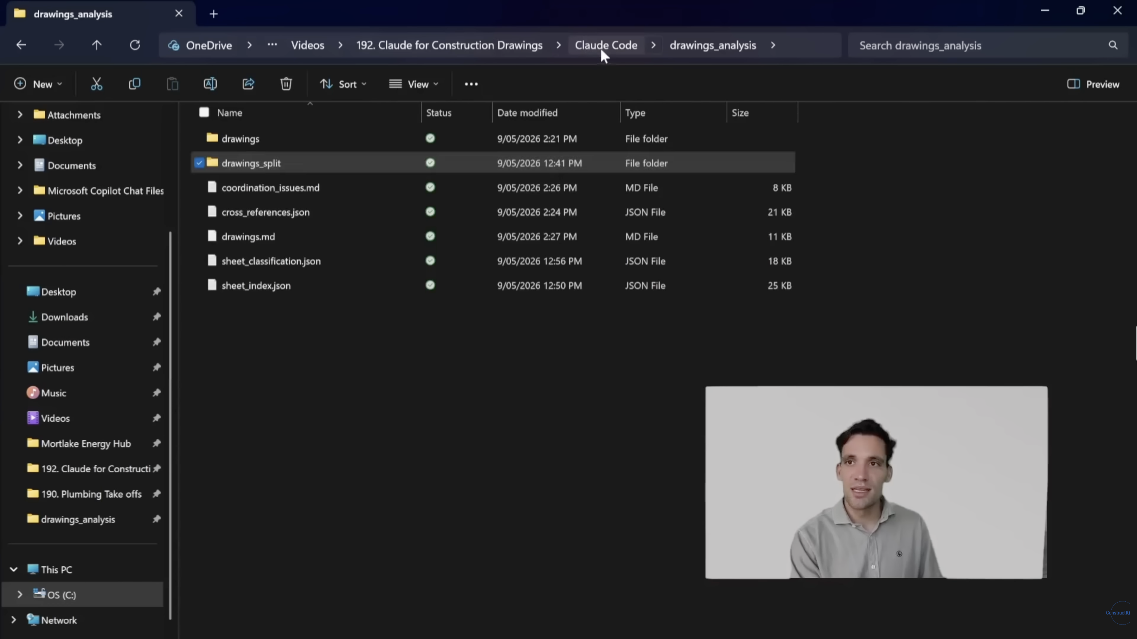 Drawing analysis folder with generated indexes and processed files.