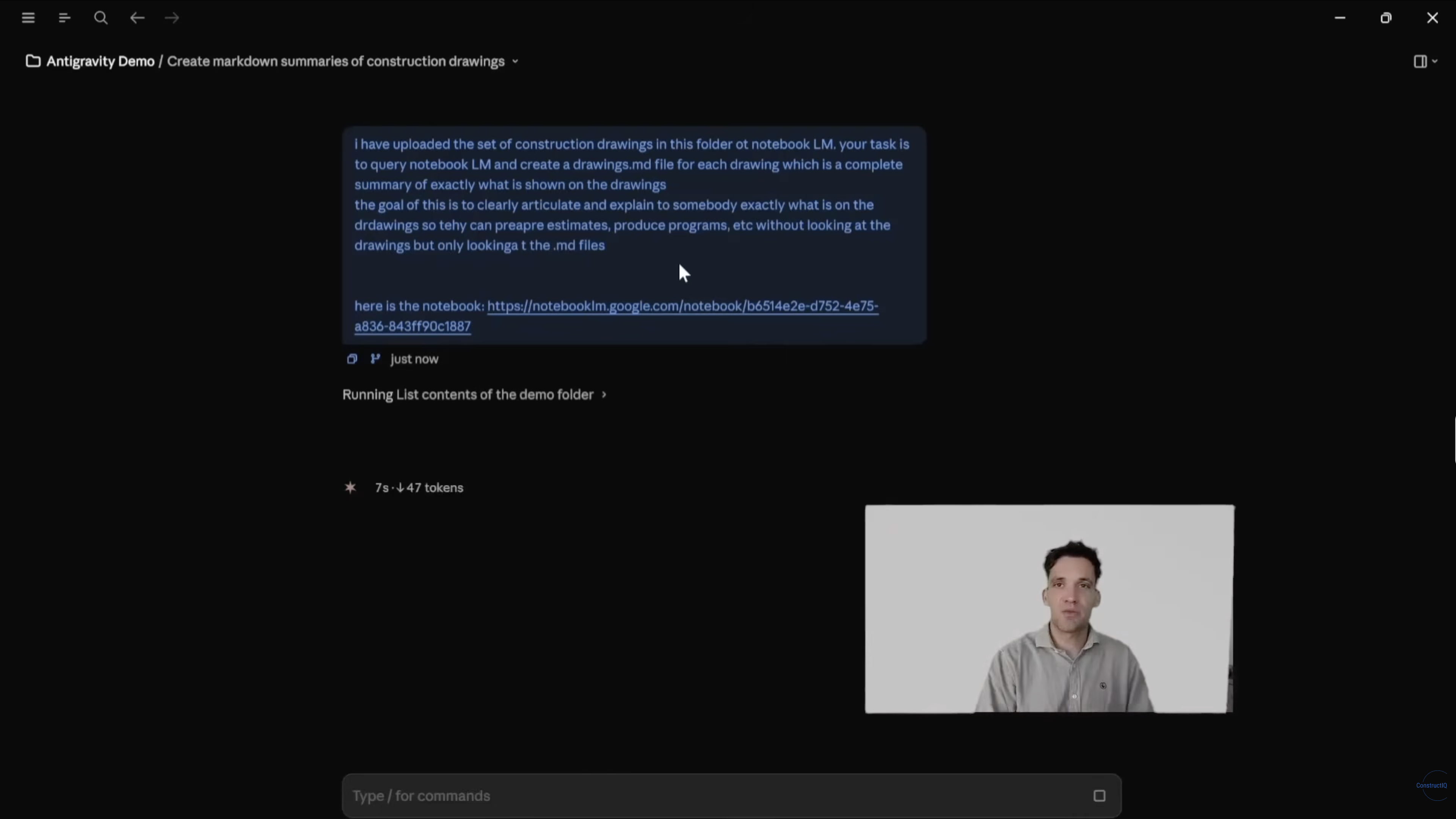 Prompt asking NotebookLM to create Markdown summaries for each drawing.