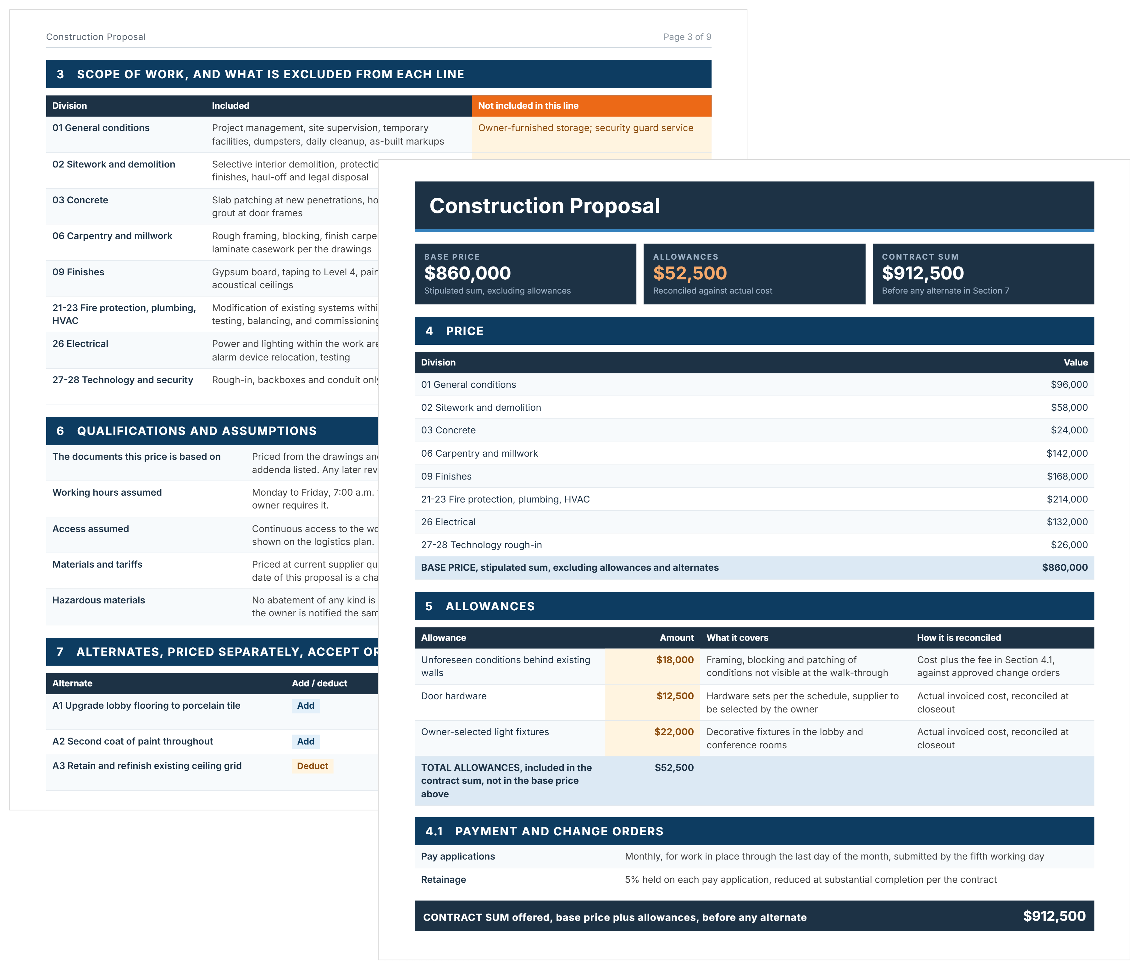 Construction proposal template showing a schedule of values and allowances over a scope of work with per line exclusions.