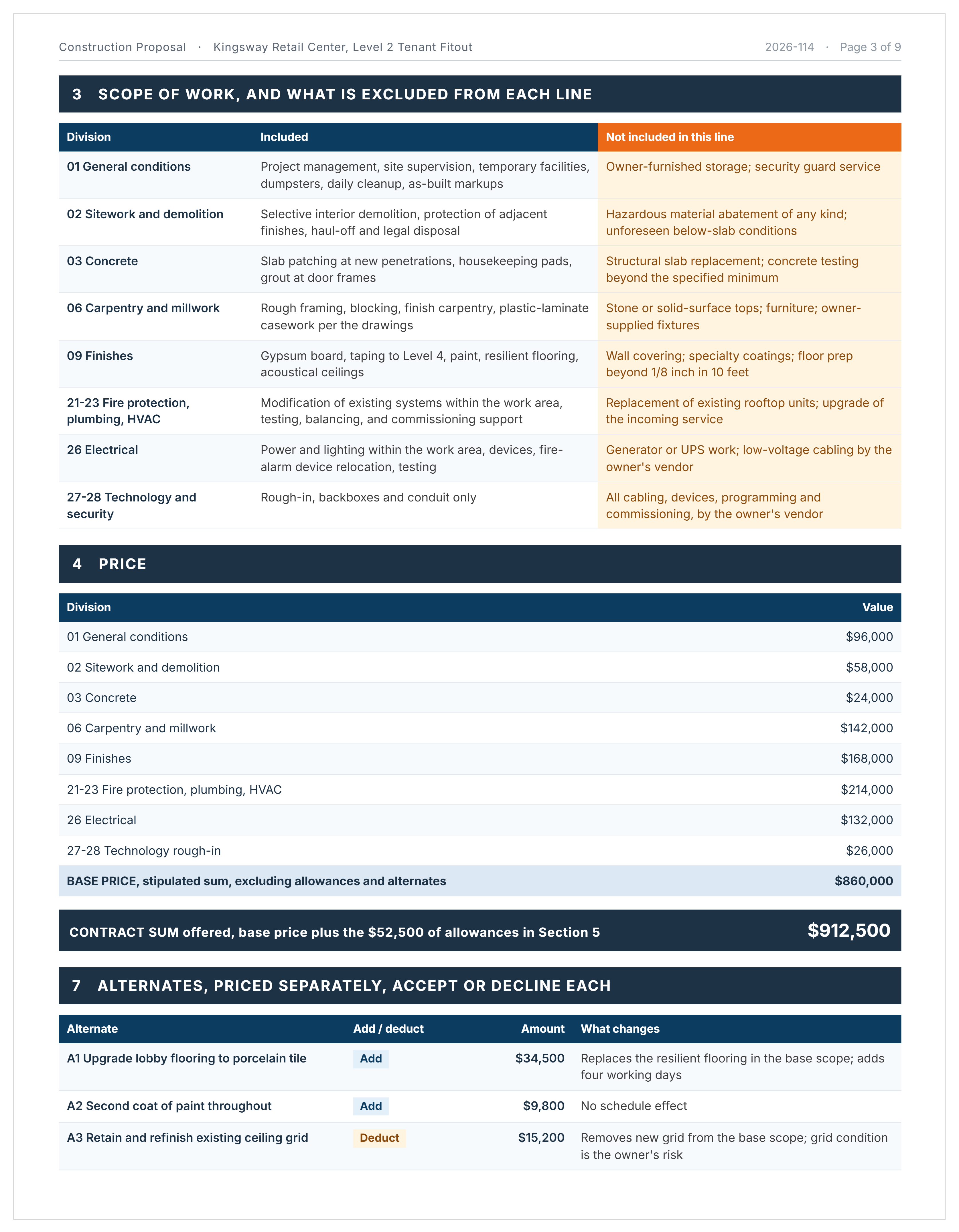 Construction proposal example showing scope of work listing what each division includes and excludes, with alternates priced separately.