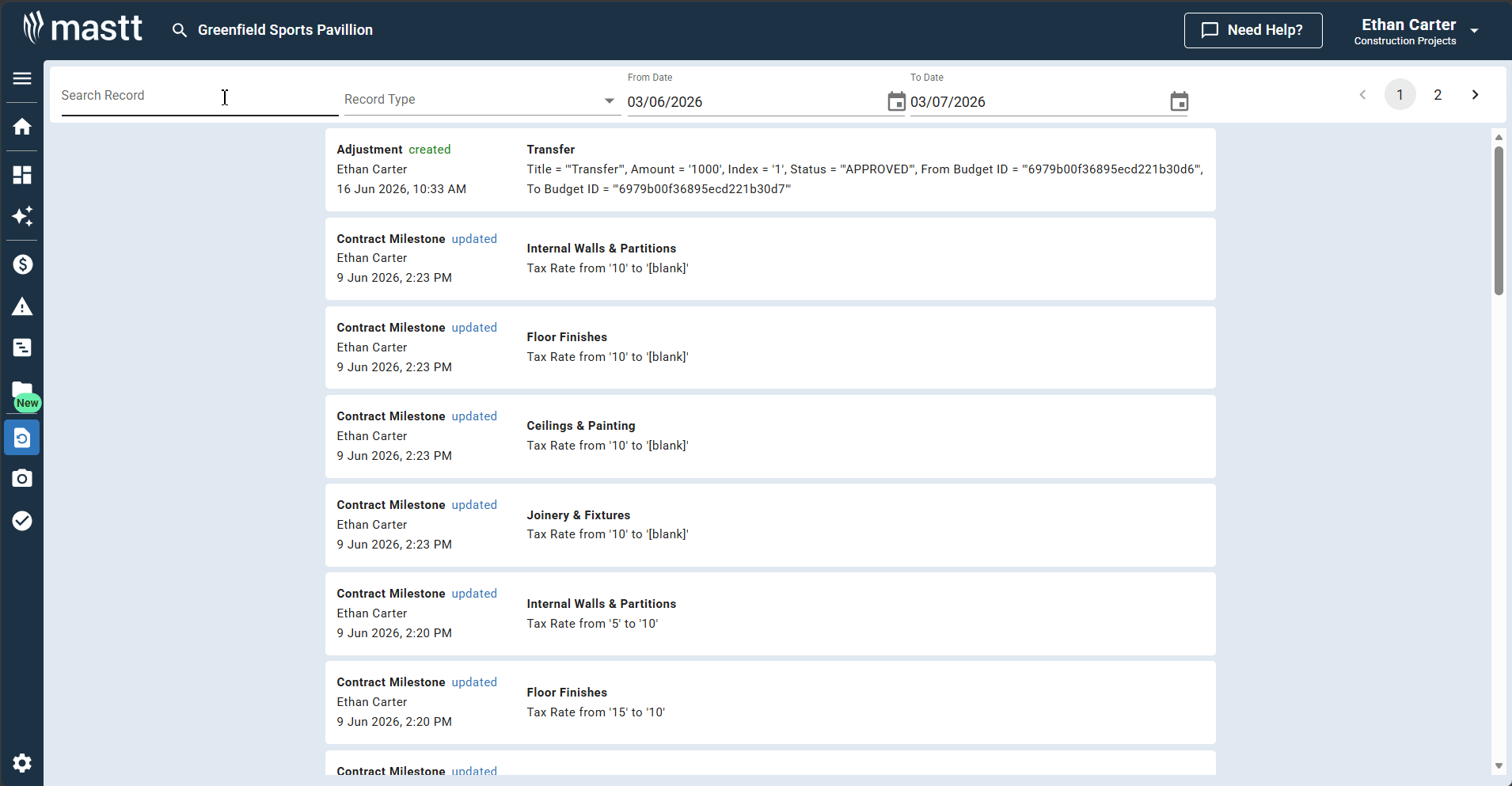 Project audit trail in Mastt with user names and timestamps.