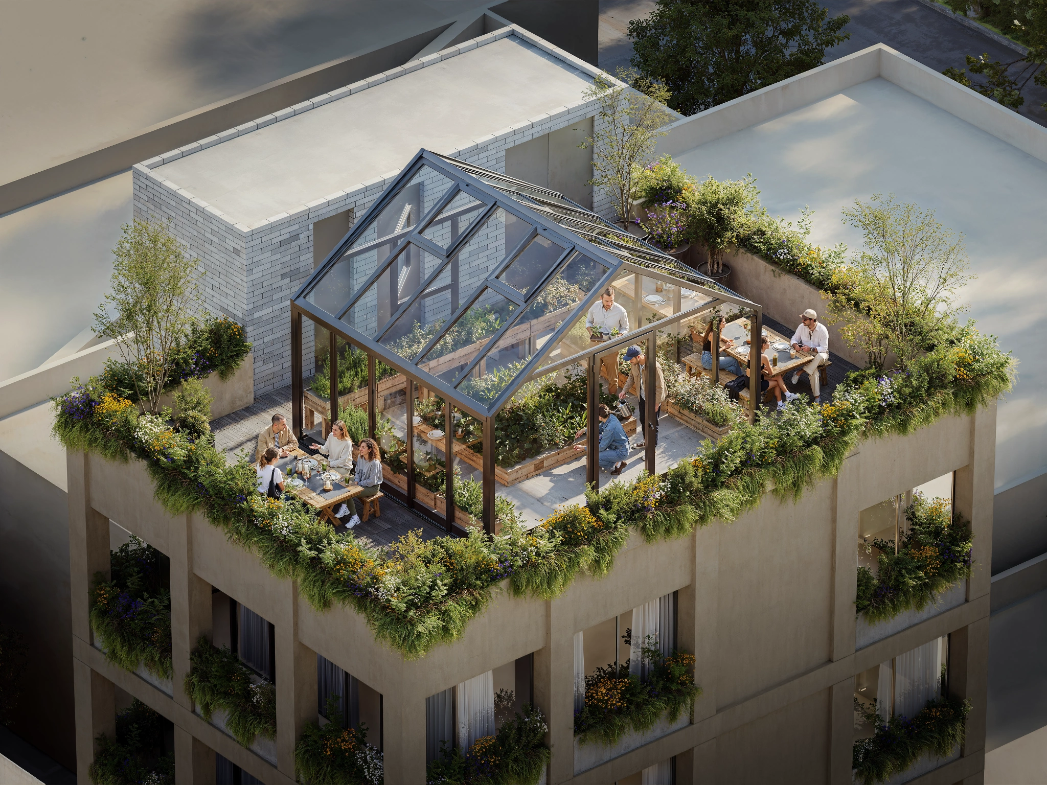Guayaquil rooftop rendering with a glass greenhouse, planted terraces, and outdoor seating.