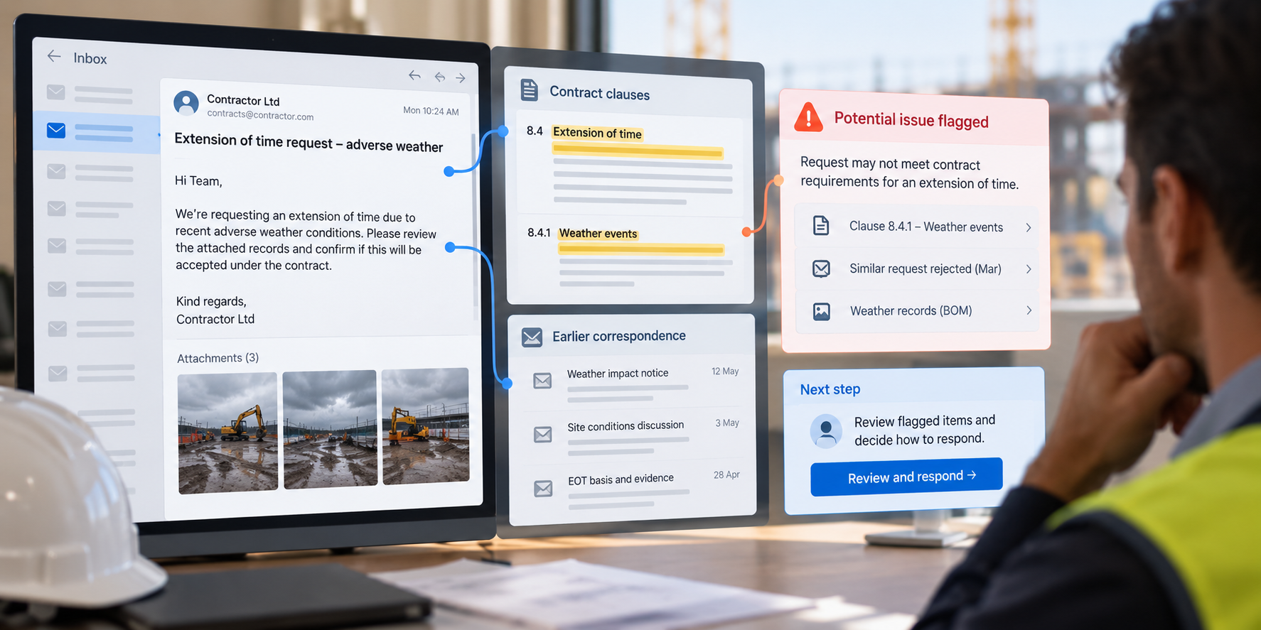 AI agent links an extension of time request to contract clauses and earlier emails, flagging an issue for review.