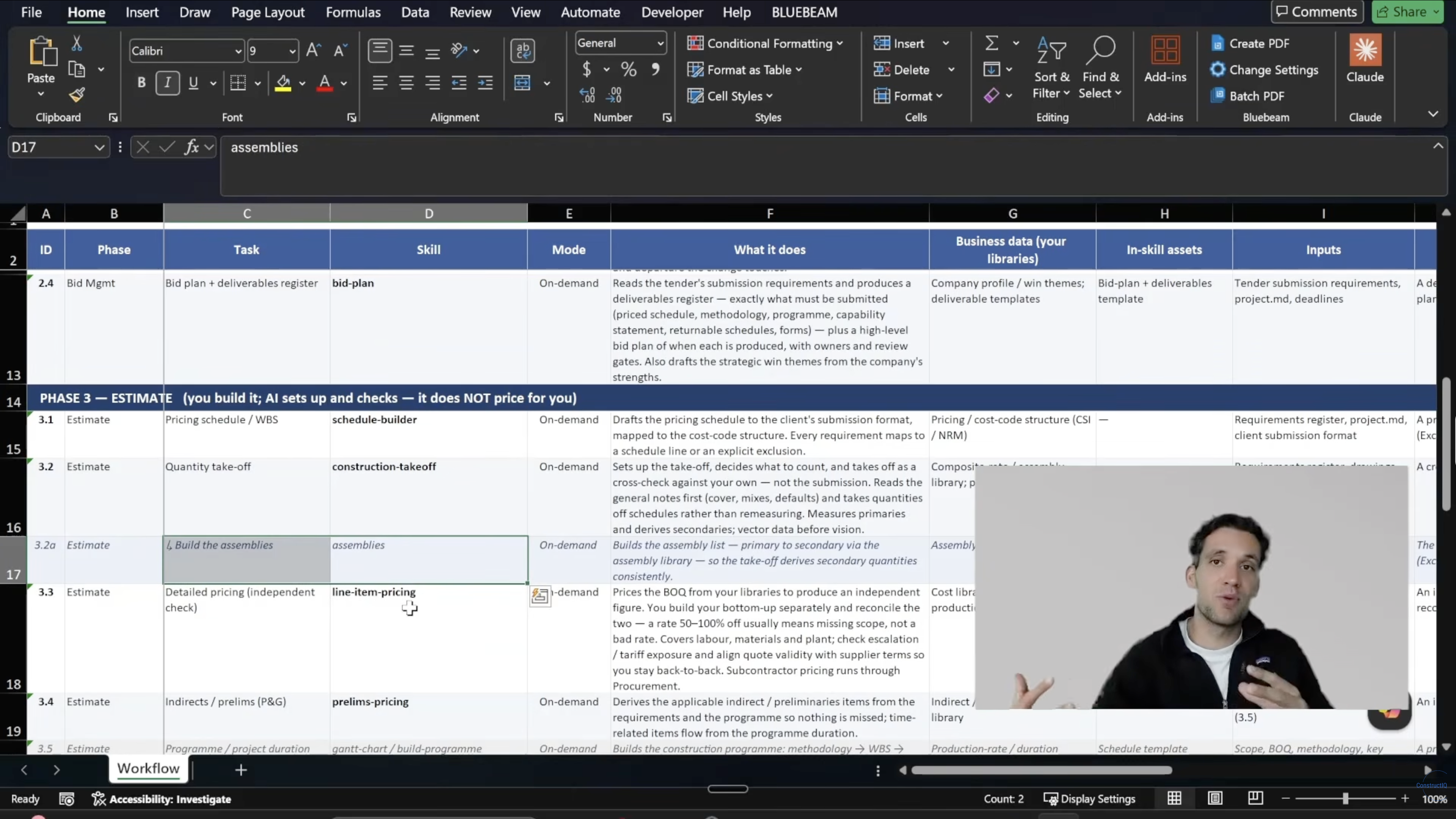 Excel workflow mapping estimating tasks to AI skills, inputs, and reference data.