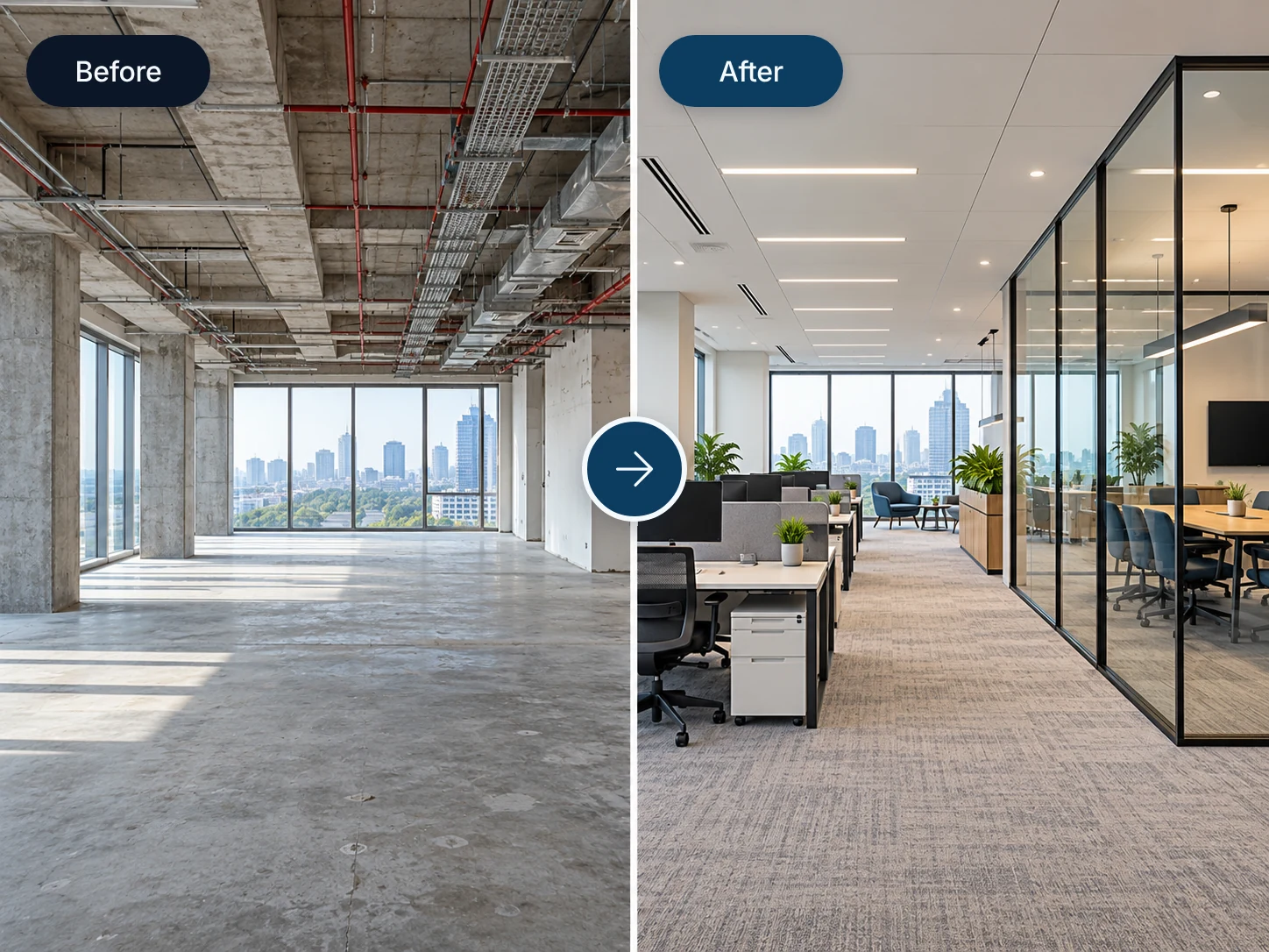 Unfinished office interior before fit out and completed workspace after fit out.