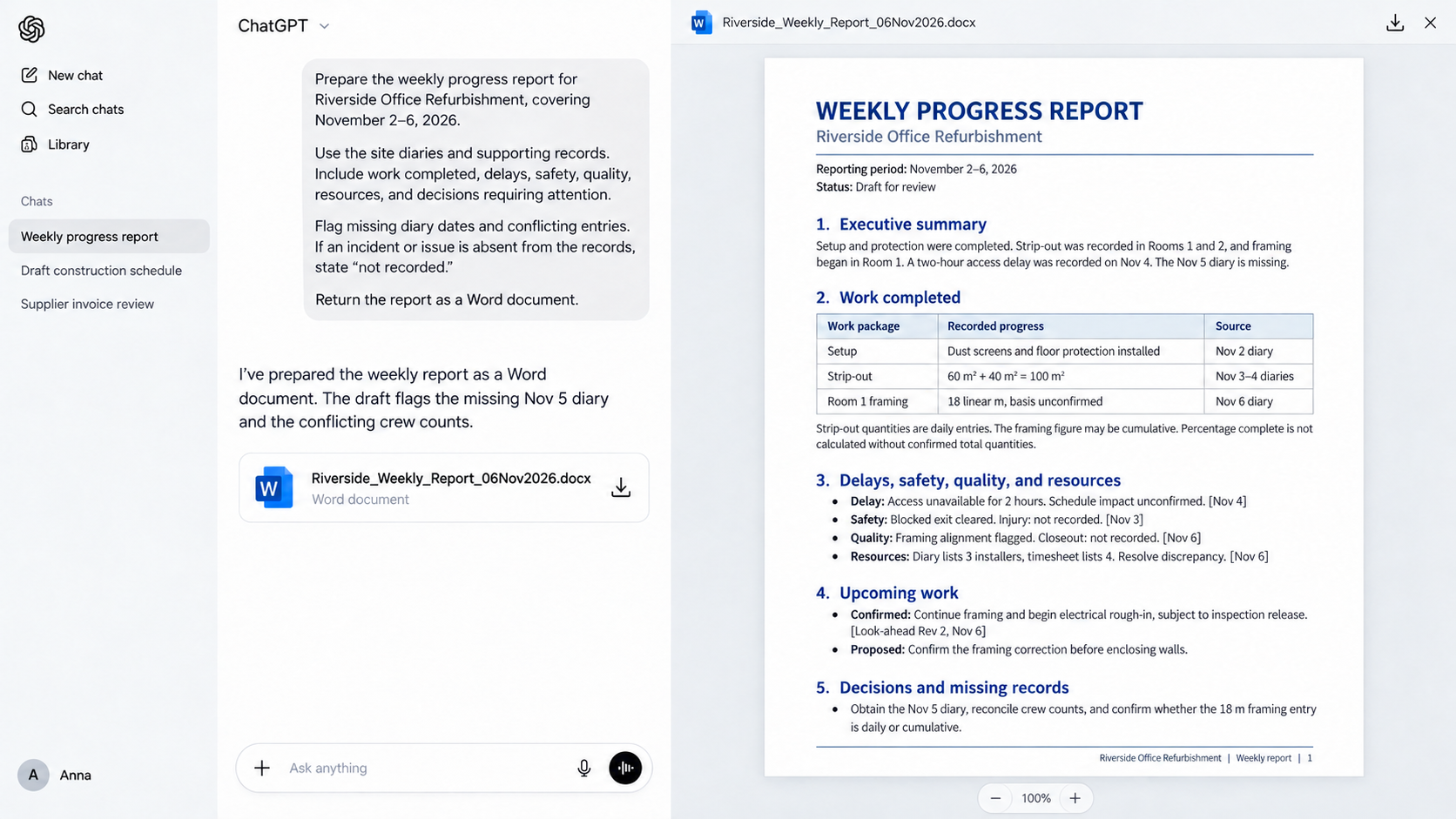 ChatGPT displaying a draft weekly construction progress report as a Word document, with missing records flagged.