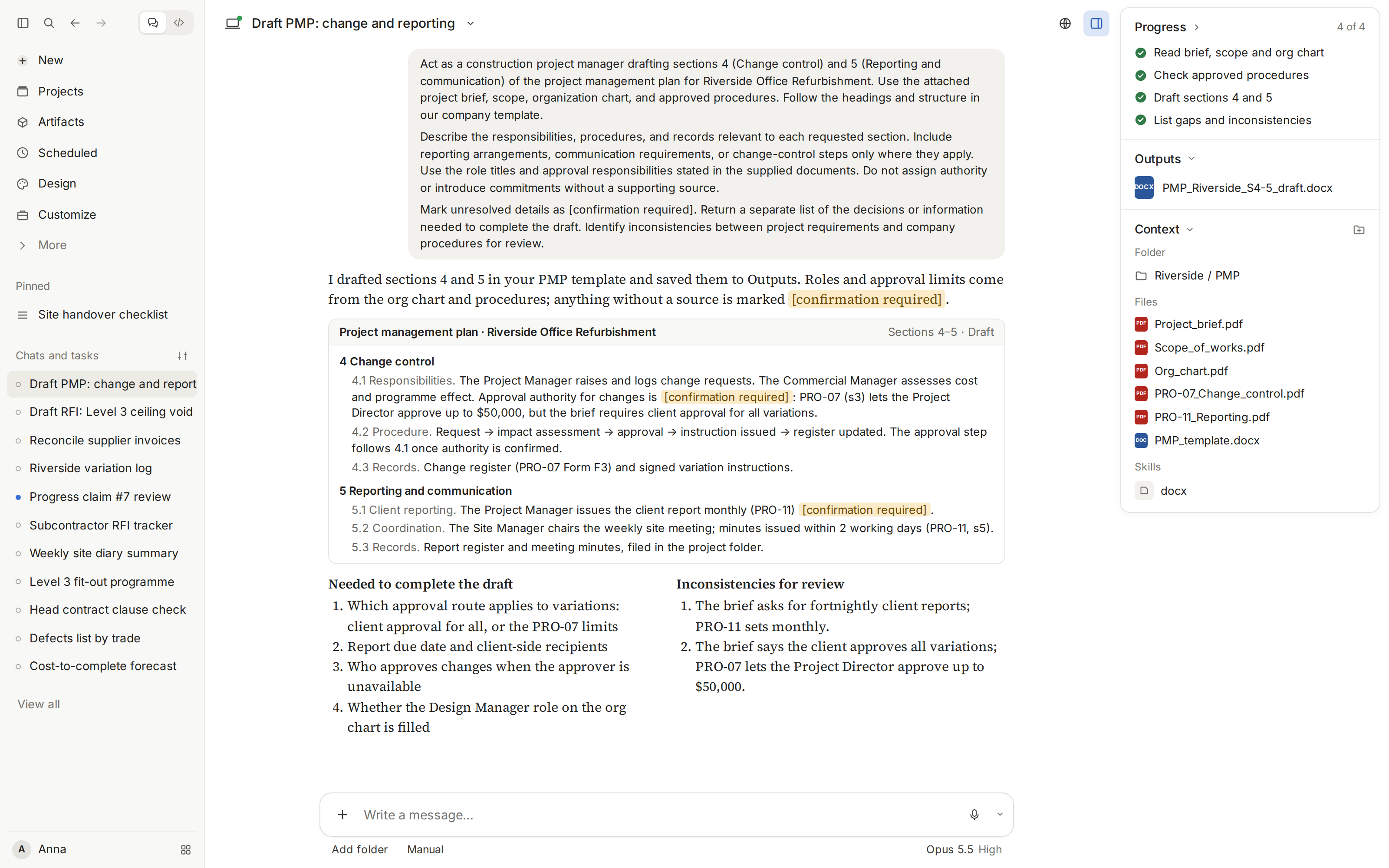 Claude Cowork drafting project management plan sections on change control and reporting, with unresolved approval requirements highlighted.