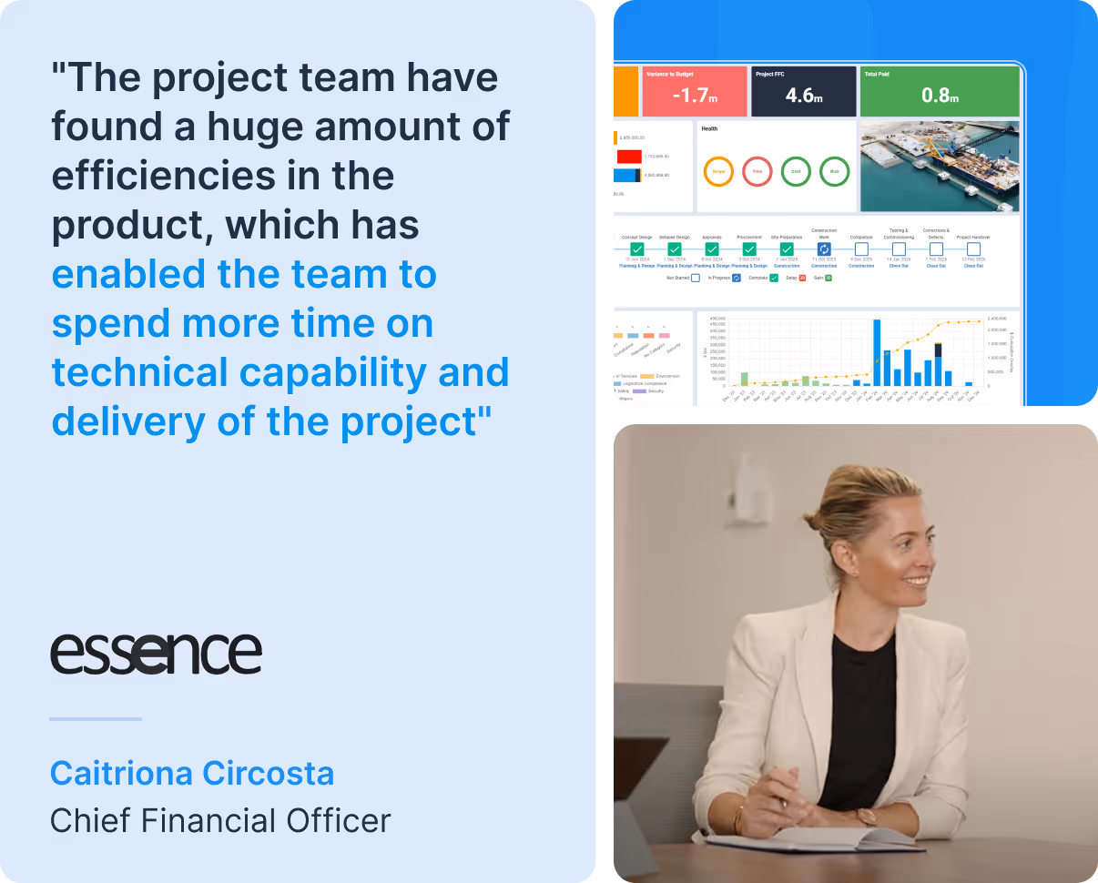 Testimonial from a Project Management Consultant emphasizing how the product drives efficiencies that free up the team to focus on technical delivery. Includes a dashboard with project health indicators, budget data, and progress charts, alongside a professional in a meeting setting, engaged with a notepad and laptop.