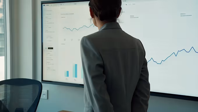 A program manager stands in front of a large screen displaying charts and project data analytics. Seen from behind, she appears focused and analytical, representing oversight, data-driven decision-making, and strategic control across multiple projects.