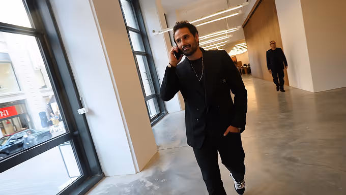 A small business owner walks through a modern commercial space while speaking confidently on the phone. Dressed in a black suit with sneakers, he reflects entrepreneurial energy and hands-on leadership, balancing style with day-to-day operations in a growing business.