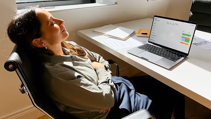 A woman leans back in her chair, eyes closed and smiling in relief, basking in sunlight at her desk. Her laptop screen shows a project management dashboard with green status indicators, suggesting task completion or project health. Papers and notebooks are spread on the table, symbolizing a moment of calm after productive work.