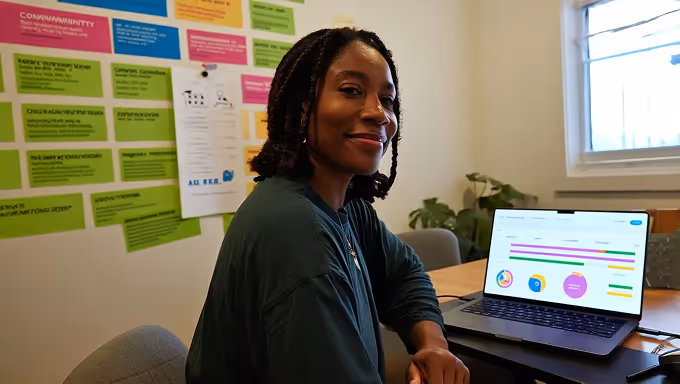 A woman sits confidently at her desk with a laptop displaying colorful project tracking dashboards. Behind her, a wall is covered in vibrant planning notes and community-focused posters, suggesting a collaborative or nonprofit environment. She smiles calmly, reflecting ownership, organization, and progress.