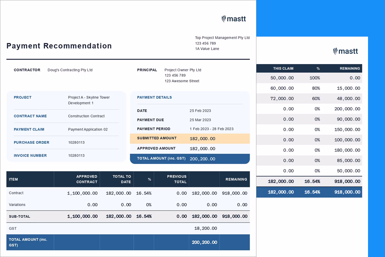A payment recommendation document for a construction contract, showing project and contract details, claim periods, submitted and approved amounts, and a breakdown of payments. The document includes financial data such as total to date, remaining amounts