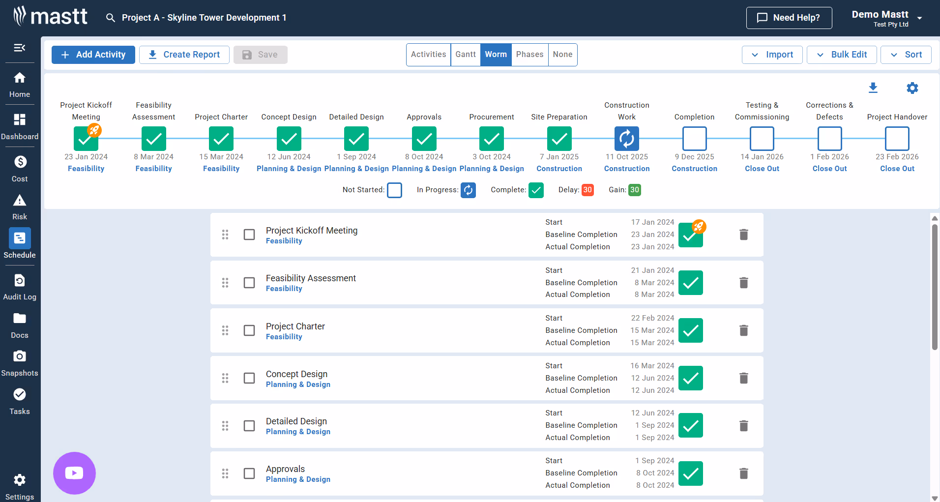 Screenshot of Mastt’s Schedule module showing a detailed, phase-based timeline for a capital project. A visual timeline at the top displays key milestones from kickoff to handover, with progress indicators including checkmarks for completion and color-coded alerts for delays and gains. Below the timeline, a task list outlines each activity’s start date, baseline and actual completion, and current status. 
