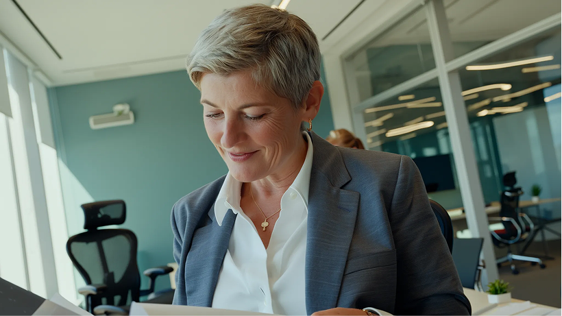 A professional project executive with short grey hair, dressed in a grey blazer and white blouse, smiles while reviewing documents in a modern office. She is seated at a desk with large windows and glass walls, creating a bright and collaborative work environment.