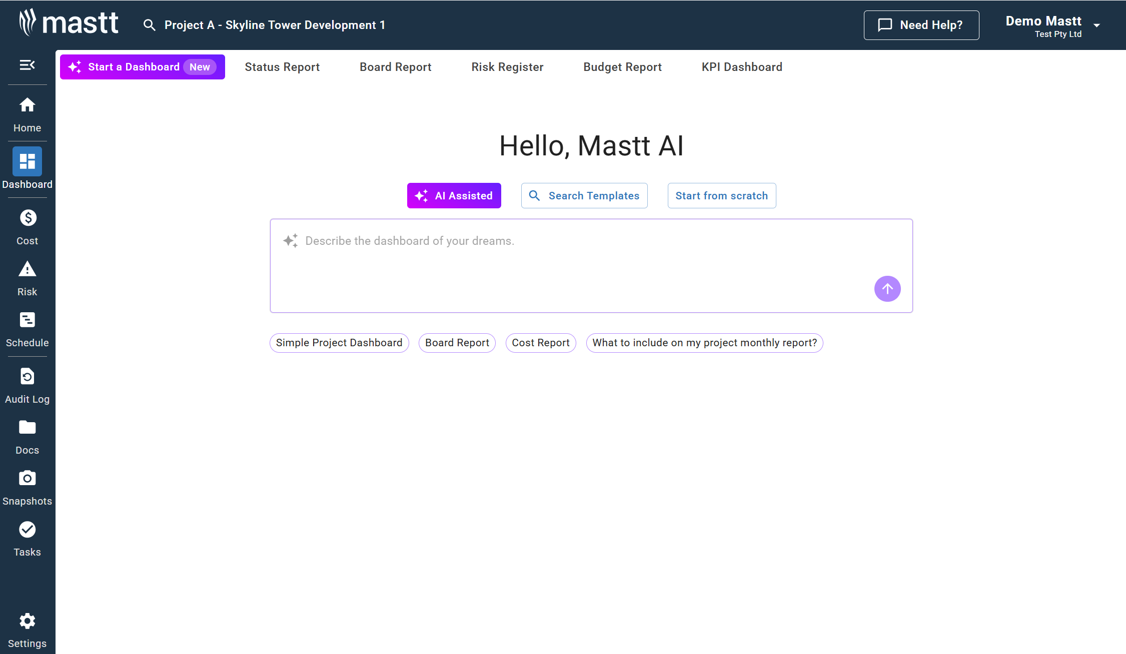 Mastt AI template studio with dashboard creation, report templates, and AI-assisted input options.