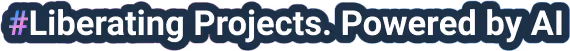 Text hashtag Liberating Projects. Powered by AI in bold font with colored outline.