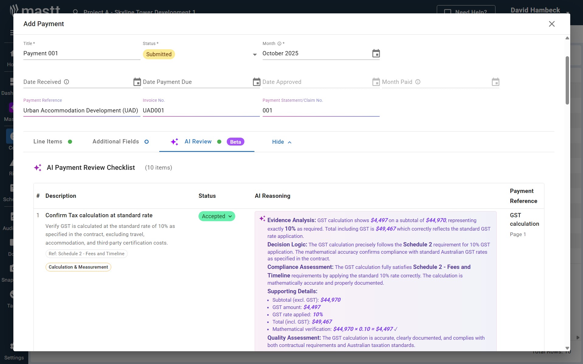 Mastt interface showing an AI Construction Invoice Review for Payment 001 (Urban Accommodation Development). The AI Payment Review Checklist confirms GST is correctly calculated at 10%, with subtotal $44,970, GST $4,497, and total $49,467, marked Accepted.