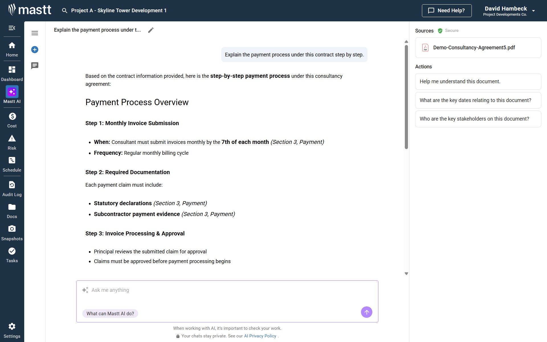 Screenshot of the Mastt AI Contract Assistant interface showing a natural language chat explaining the payment process under a consultancy contract. The AI displays a step-by-step payment process