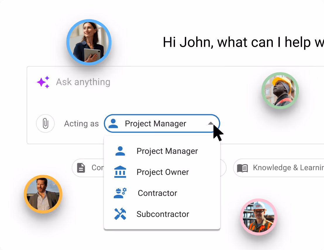 User interface showing a dropdown menu with options Project Manager, Project Owner, Contractor, and Subcontractor under 'Acting as' with a cursor selecting Project Manager, surrounded by profile pictures of diverse professionals.