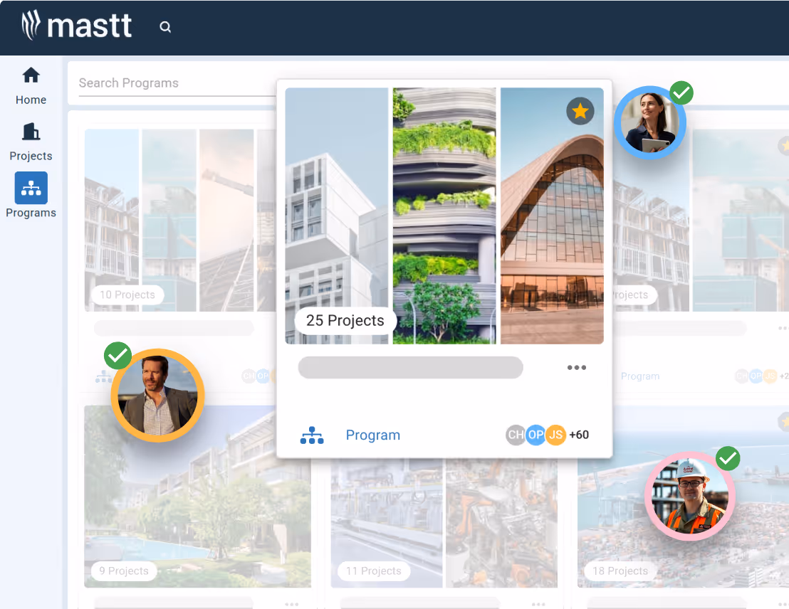 User interface displaying multiple project cards with images of buildings and construction, showing project counts and team member icons with check marks.