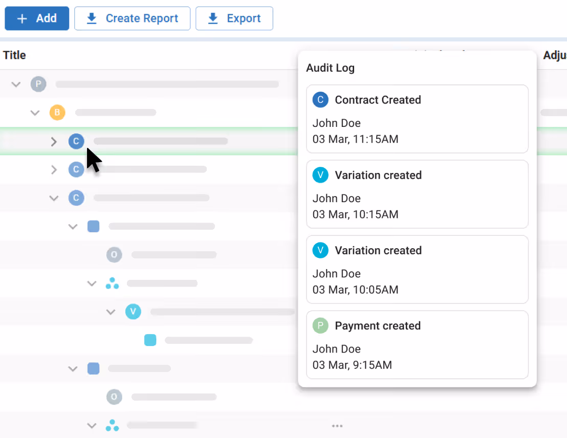Audit log panel showing time-stamped contract, variation and payment actions with user names and timestamps