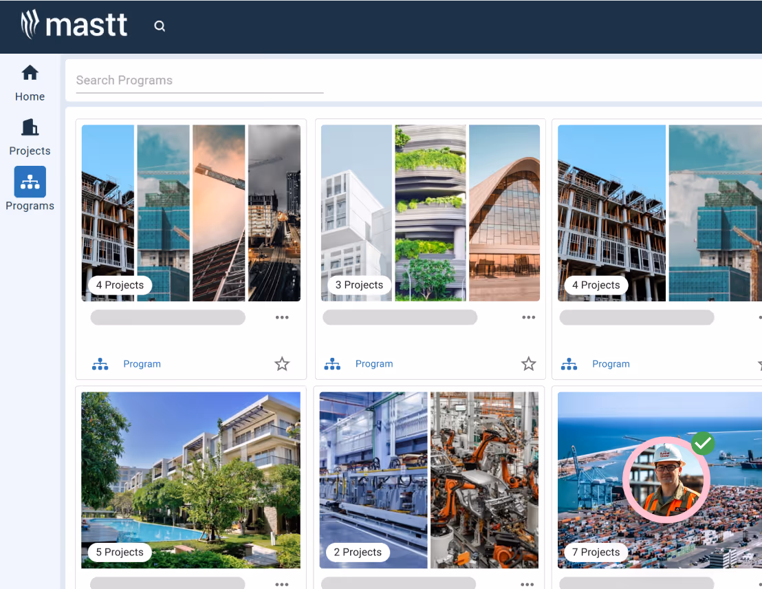 Program library screen with project cards, cover images, and project counts to start new capital projects